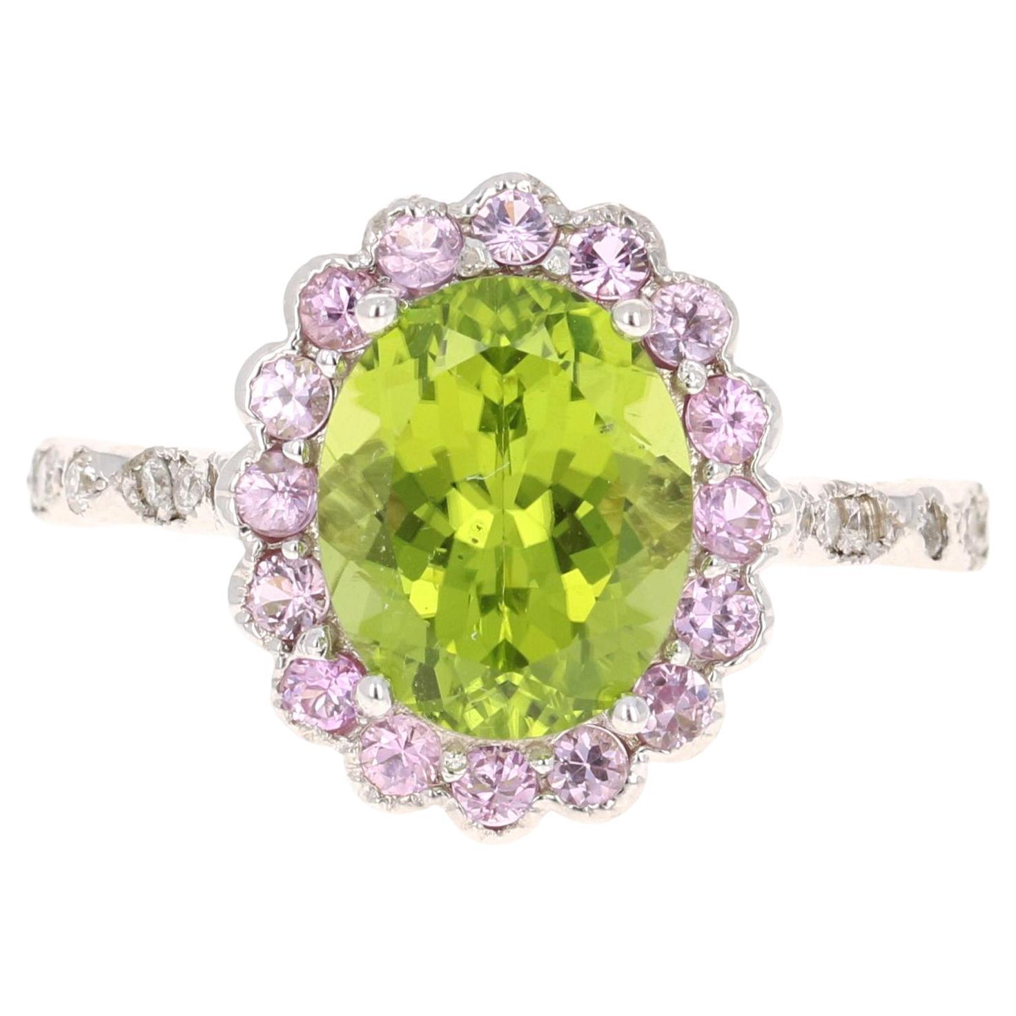 3.84 Peridot Pink Sapphire Diamond 14 Karat White Gold Ring