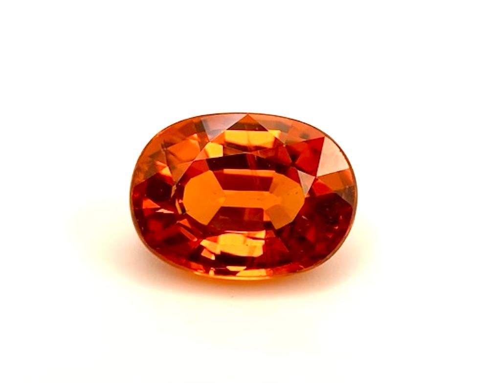 This fiery spessartine garnet has a beautifully vivid and intense medium orange color! Measuring 9.16 x 6.75 x 5.26 millimeters, it is a well-proportioned oval with exceptional brilliance and luster. An eye clean and lively gem, this beauty weighs