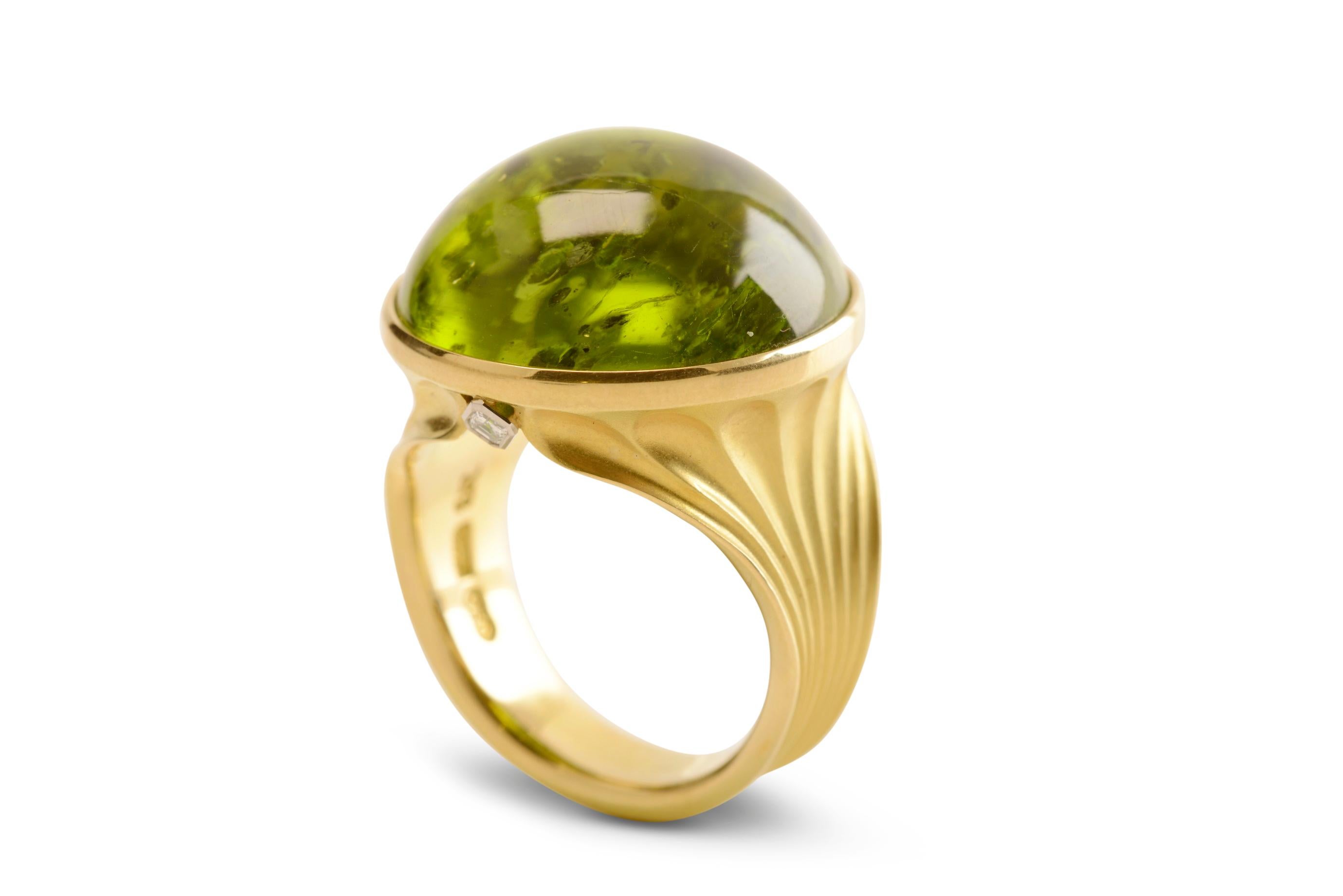 Women's or Men's 38.40 Carat Peridot Cocktail Ring in 18 Karat Yellow Gold with Diamond For Sale