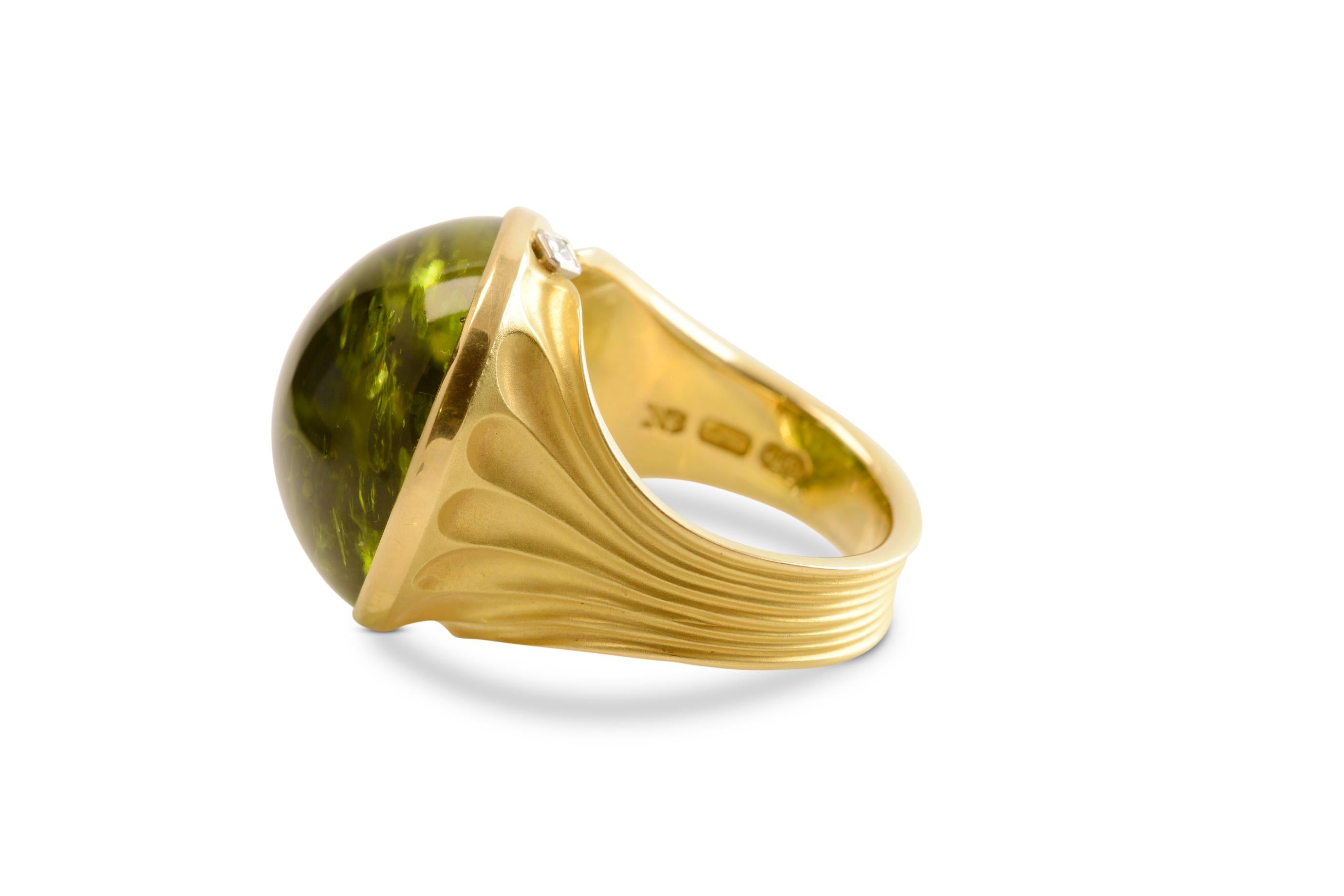 38.40 Carat Peridot Cocktail Ring in 18 Karat Yellow Gold with Diamond For Sale 2