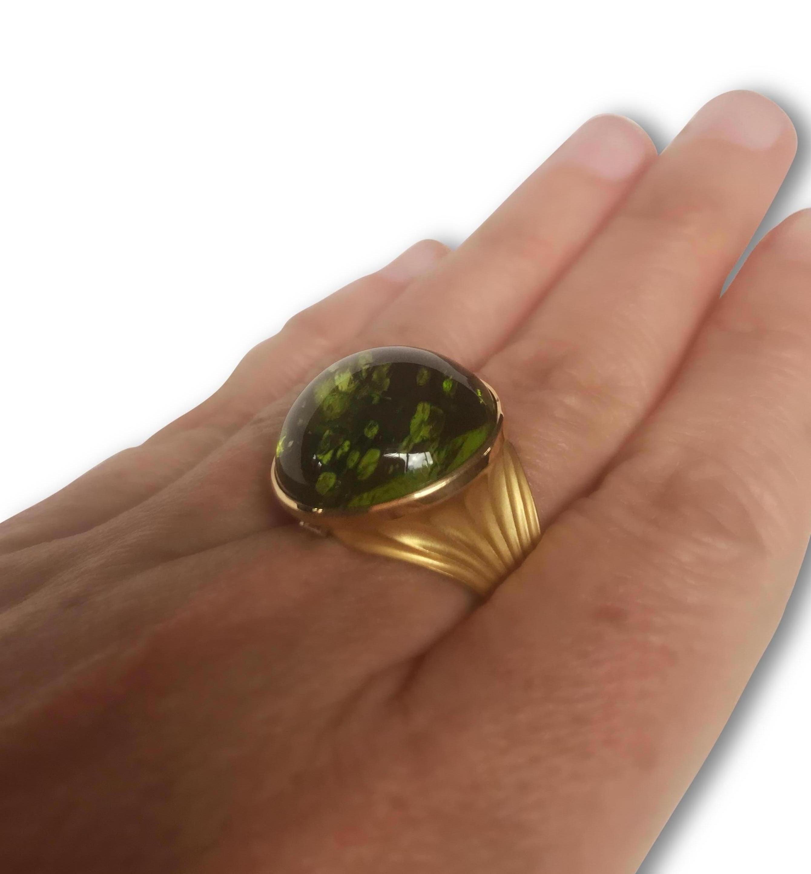 38.40 Carat Peridot Cocktail Ring in 18 Karat Yellow Gold with Diamond For Sale 4