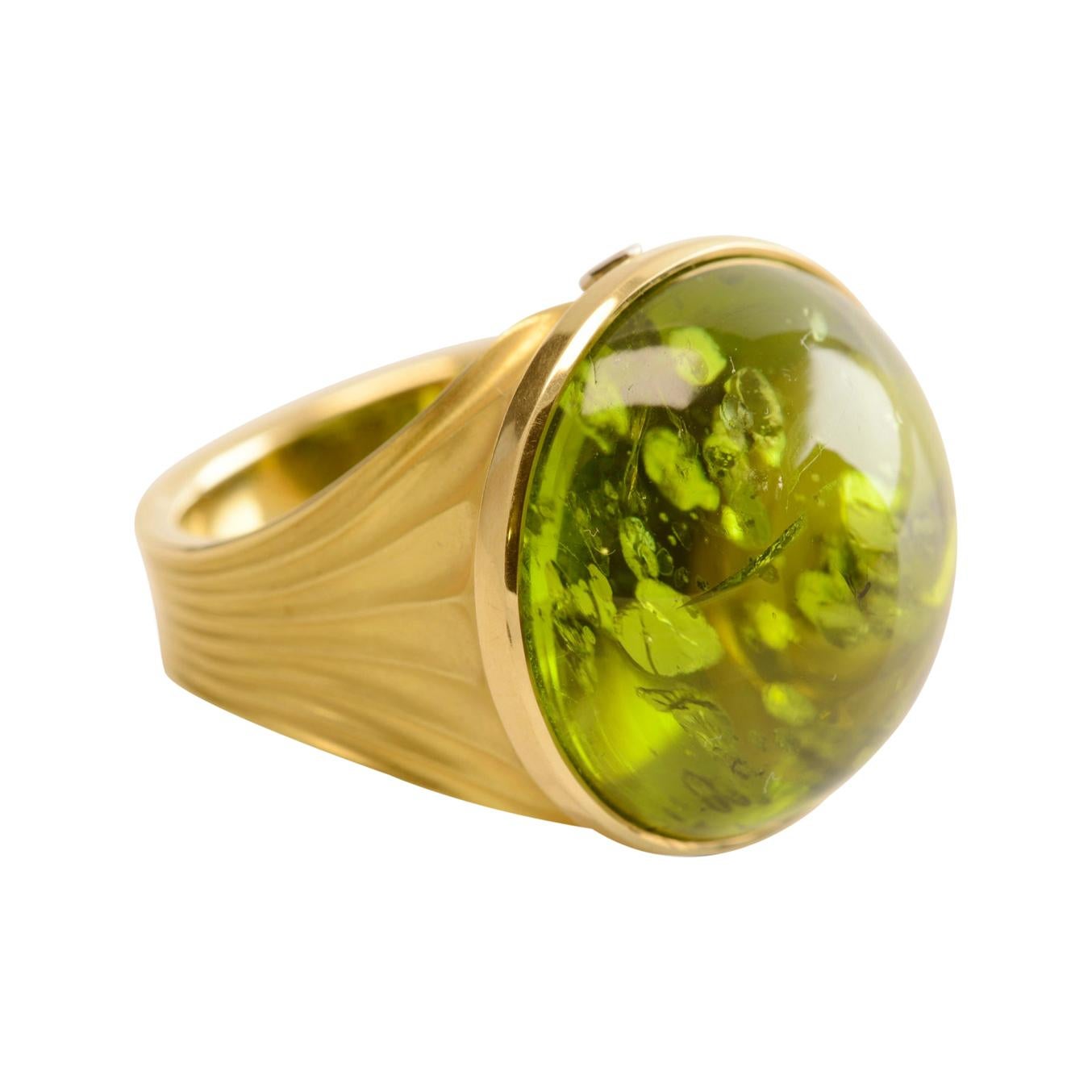 38.40 Carat Peridot Cocktail Ring in 18 Karat Yellow Gold with Diamond For Sale