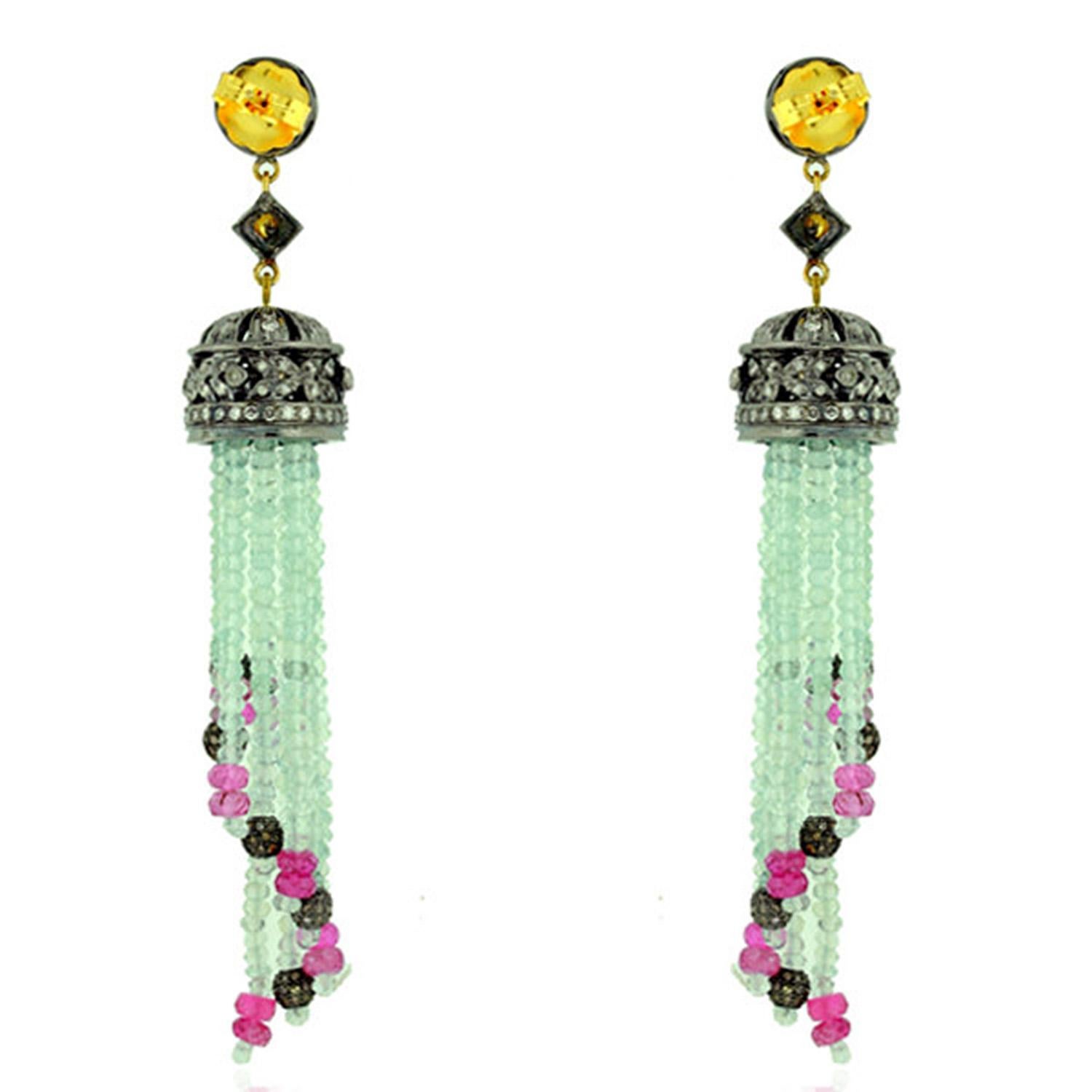 Bead 38.45 Carat Aquamarine Tourmaline Diamond Tassel Earrings For Sale