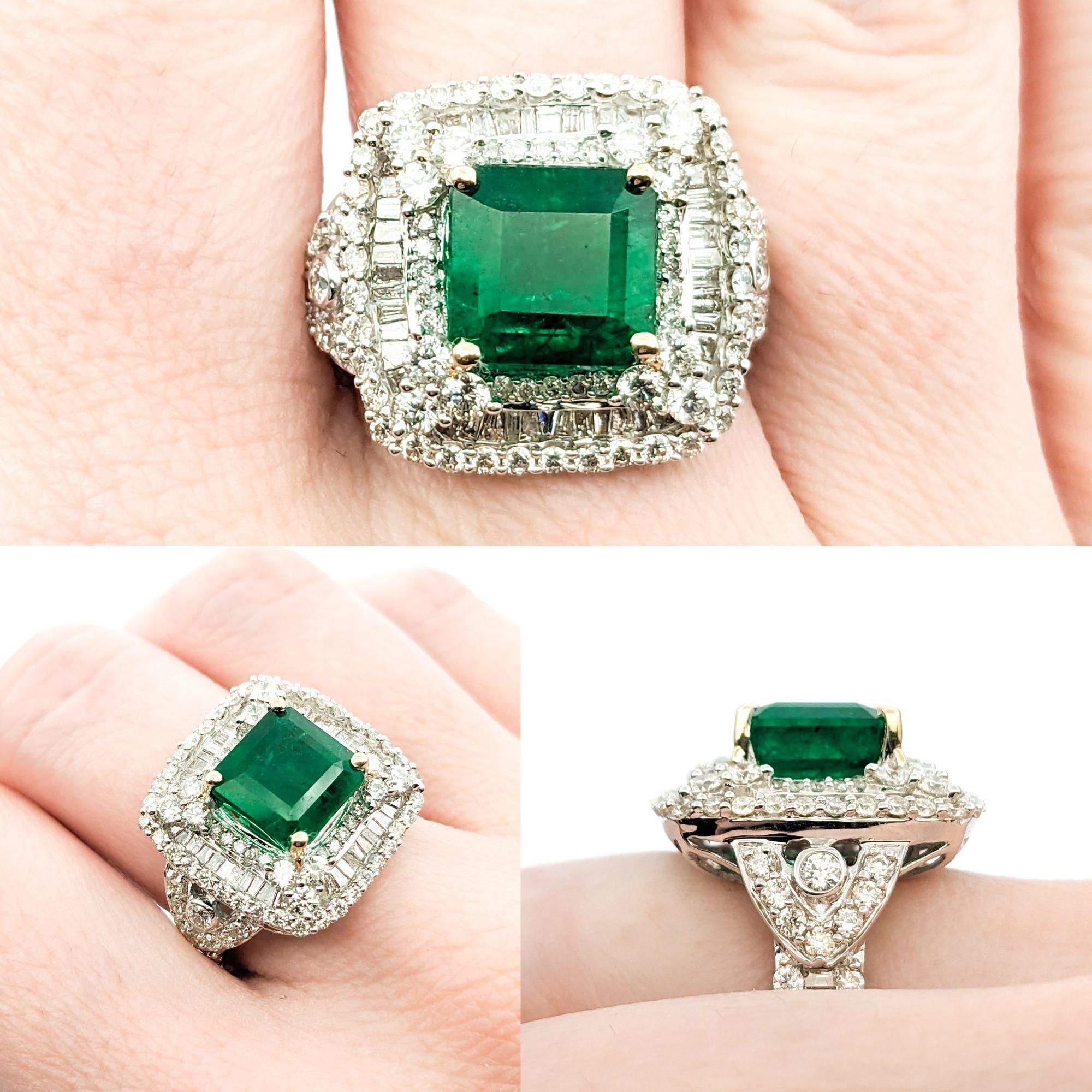 3.84ct Emerald & 2.31ctw Diamond Ring In White Gold

Introducing this exquisite Emerald Ring crafted in 18K White Gold. This ring showcases a stunning 3.84ct Emerald centerpiece, renowned for its deep, rich green hue and captivating beauty. This