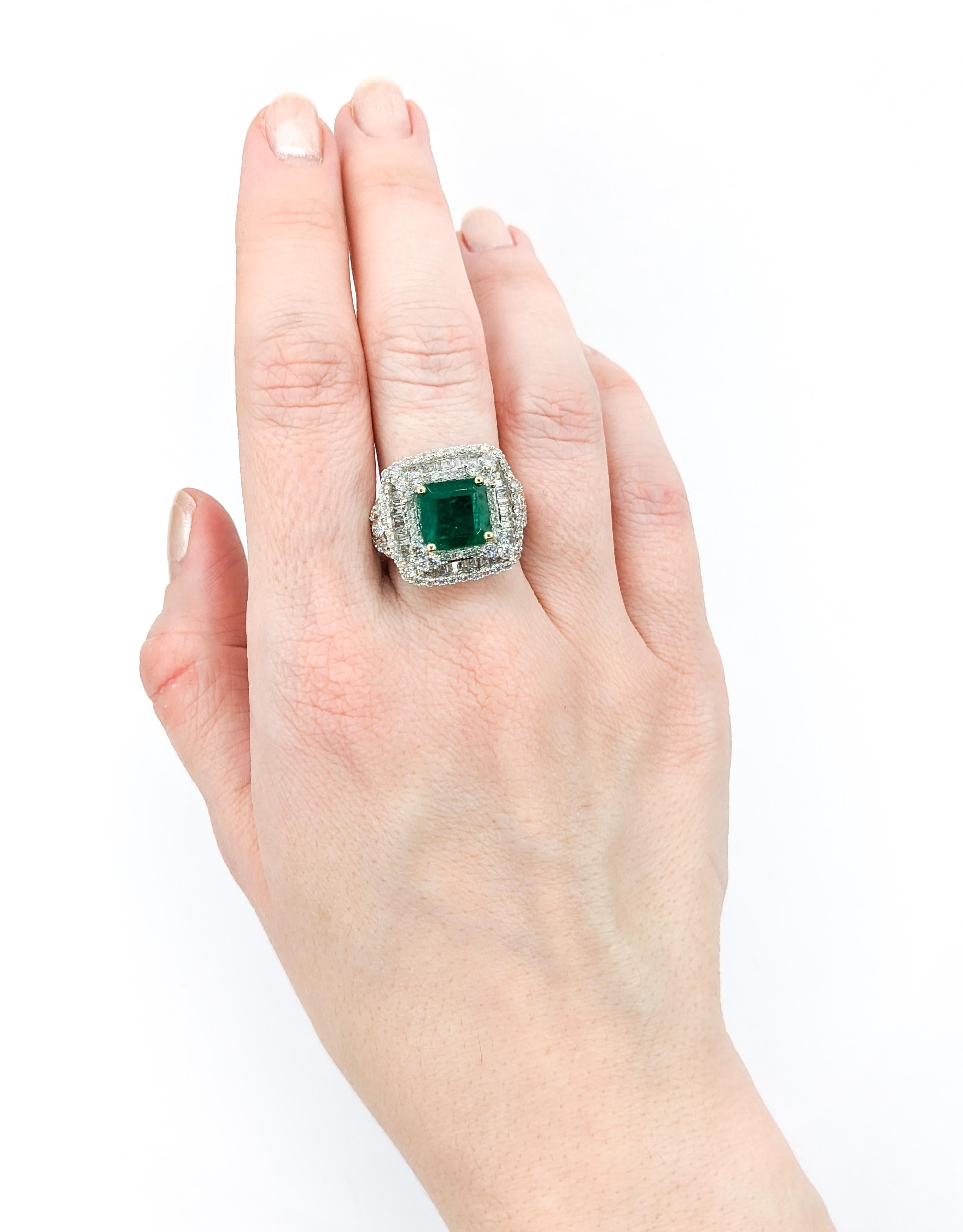 Contemporary 3.84ct Emerald & 2.31ctw Diamond Ring In White Gold For Sale