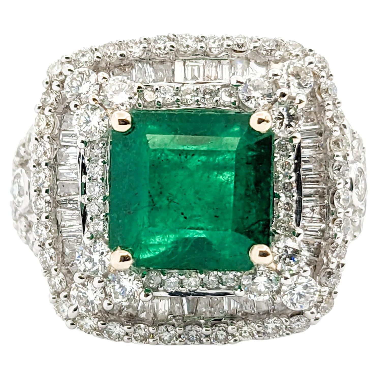3.84ct Emerald & 2.31ctw Diamond Ring In White Gold For Sale