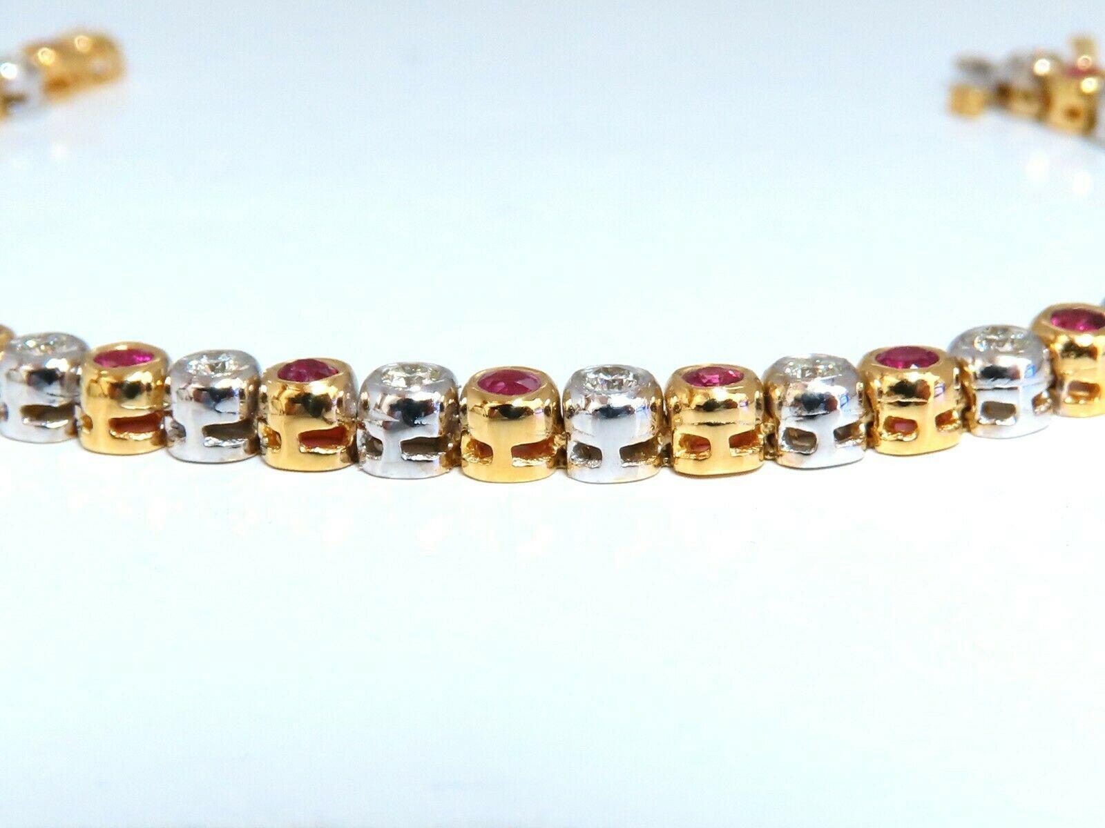 Ruby & Classic Alternating Tennis.

2.24ct. Natural ruby bracelet.

Rounds, full cuts 

Clean clarity

Transparent & Vivid Reds.

Average 2.3mm each

1.60ct Diamonds

Rounds & full cuts

Vs-2 clarity.

I-color

14kt. yellow / white gold 

15.4