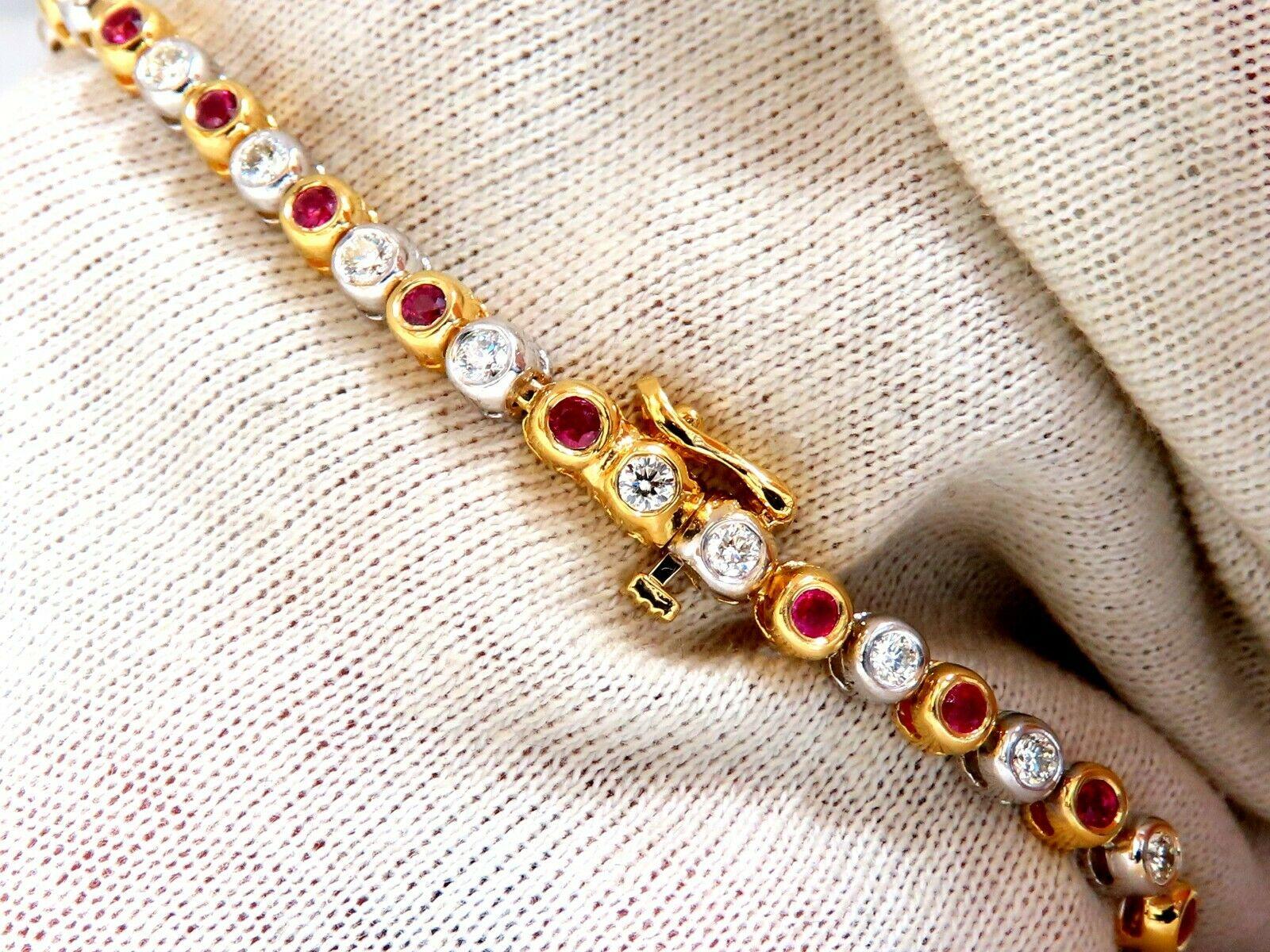 Round Cut 3.84 Carat Natural Ruby Diamonds Tennis Bracelet Alternating Two-Toned For Sale