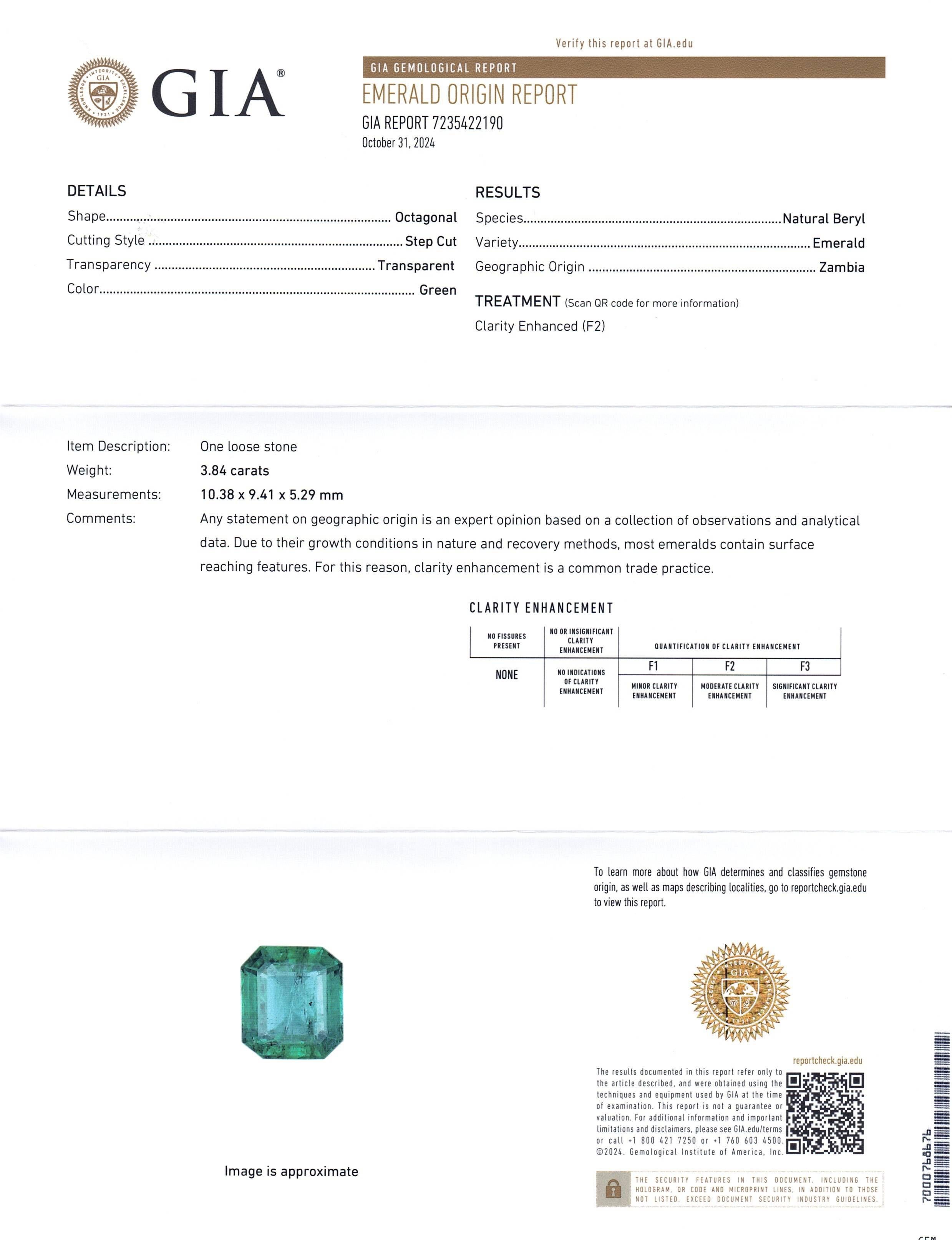 Dies ist ein atemberaubender GIA-zertifizierter Smaragd 


Der GIA-Bericht lautet wie folgt:

GIA-Berichtsnummer: 7235422190
Die Form: Achteckig
Schnittstil: Stufenschnitt
Schnittart: Krone: 
Schnittstil: Pavillon: 
Transparenz: Durchsichtig
Farbe: