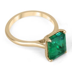 3.84cts 18K Fine Quality Rich Green Emerald Cut Emerald Solitaire 4Prong Ring