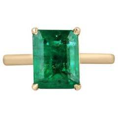 3.84cts 18K Fine Quality Rich Green Emerald Cut Emerald Solitaire 4Prong Ring
