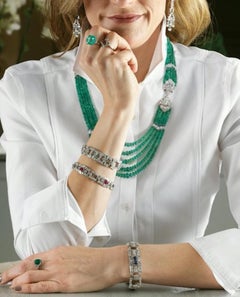 Collier d'émeraudes de 385 carats à 5 brins avec saphirs de 9,06 carats et diamants en platine