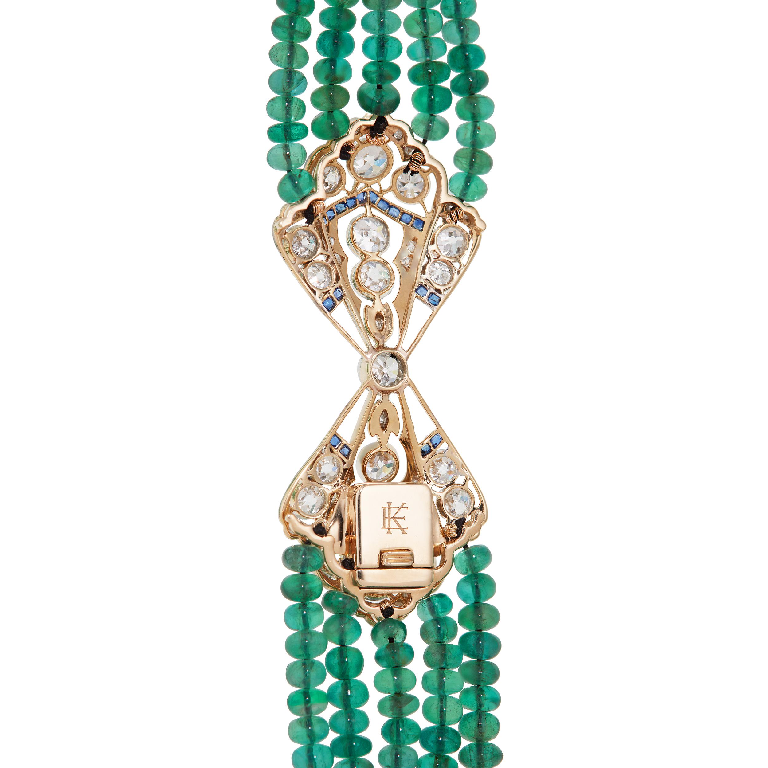 Art Deco 385 Carat 5-Strand Emerald Necklace with 9.06 Carat Sapphire and Diamond in Plat For Sale