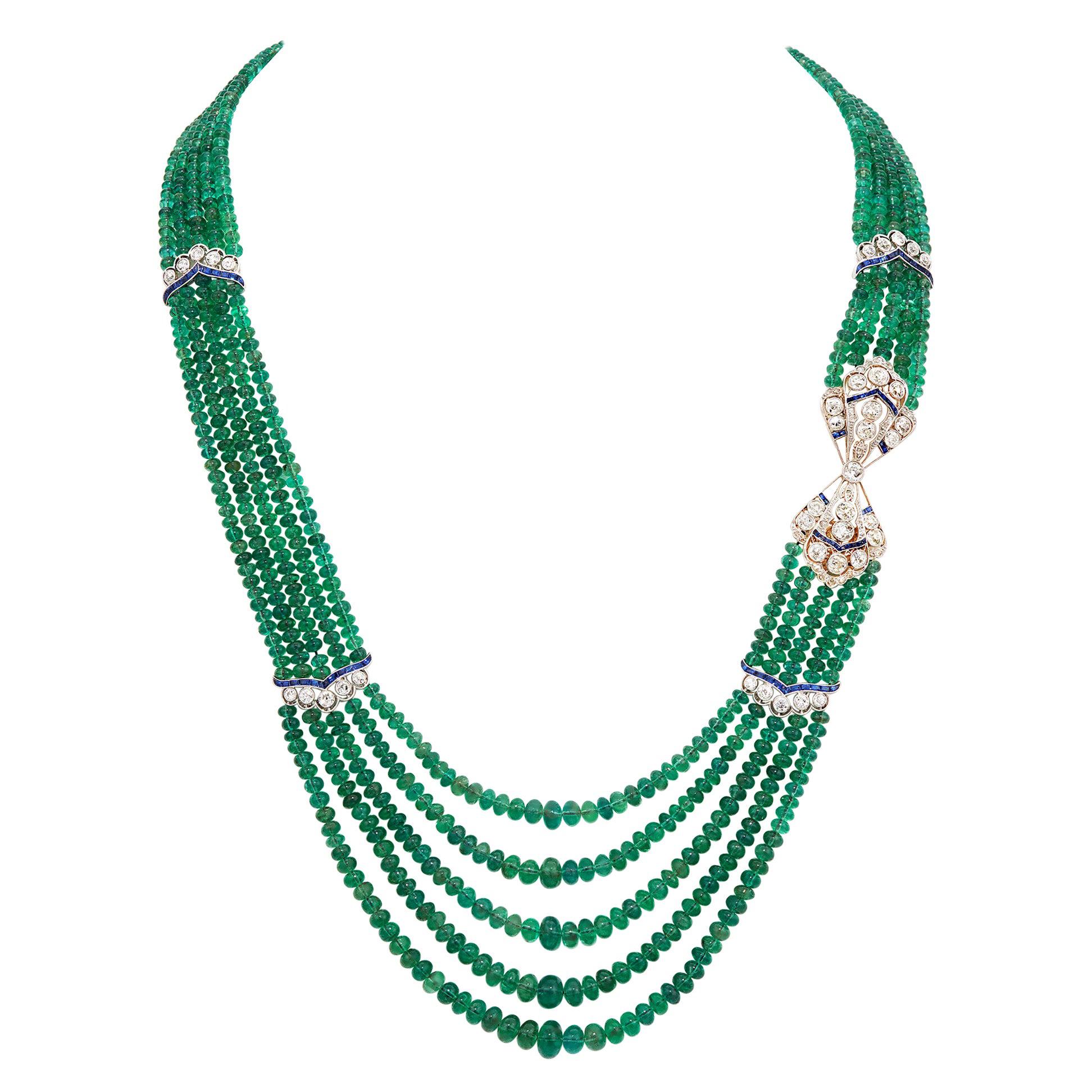 385 Carat 5-Strand Emerald Necklace with 9.06 Carat Sapphire and Diamond in Plat