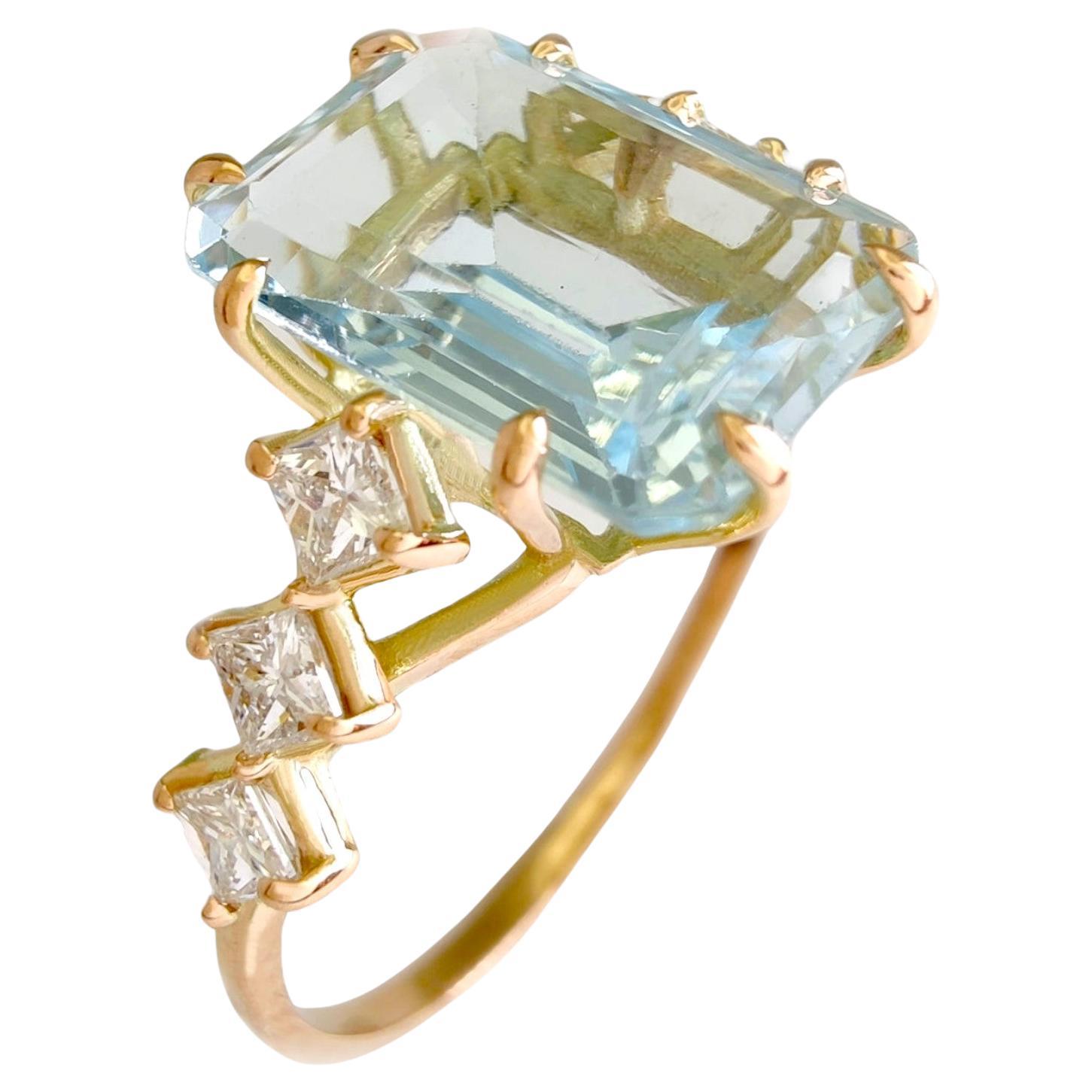 3.85 Carat Aquamarine and  0.33 Carat Diamonds 14K Gold Ring - gift for women