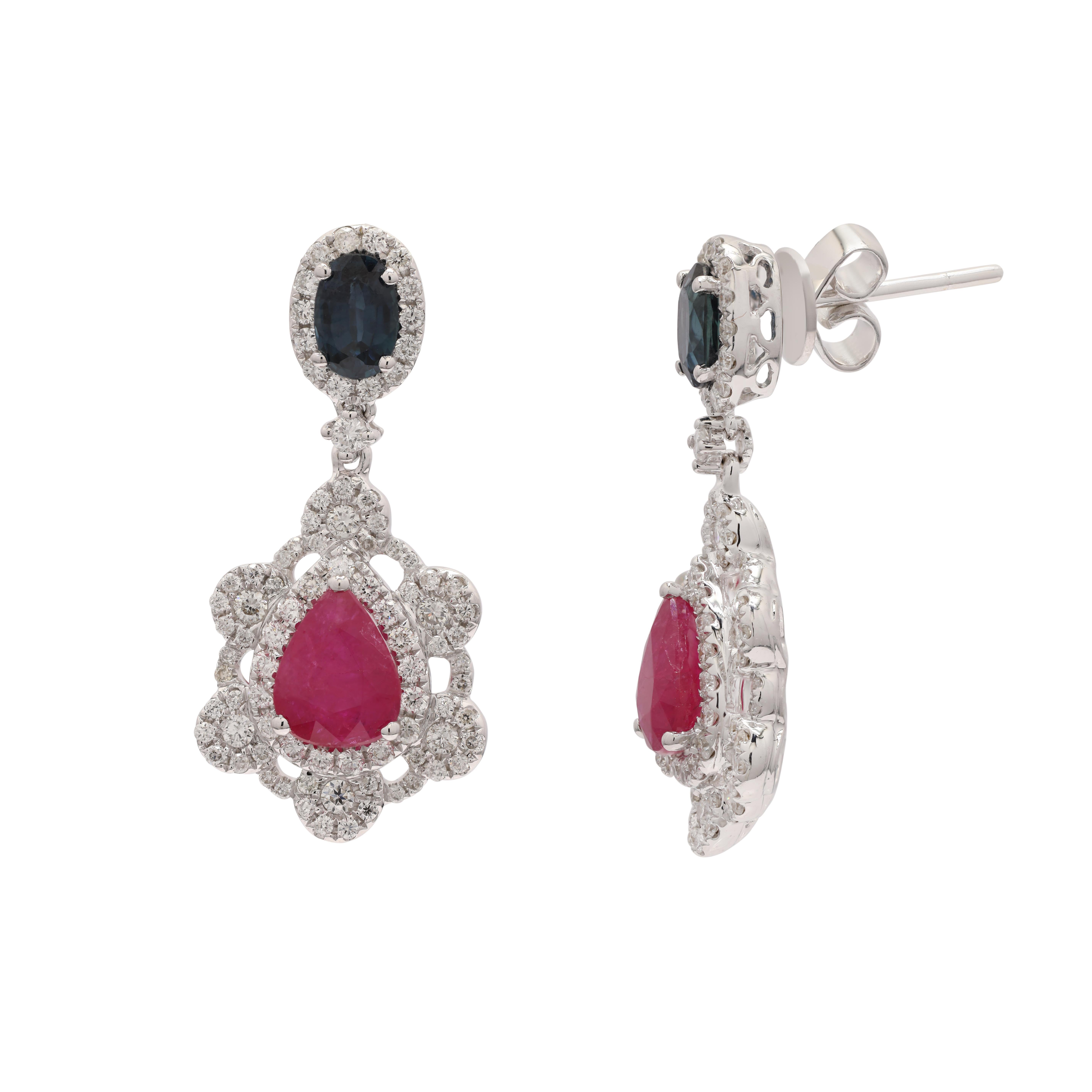 Art Deco 3.85 Carat Blue Sapphire Ruby Dangle Earrings in 14K White Gold with Diamonds For Sale