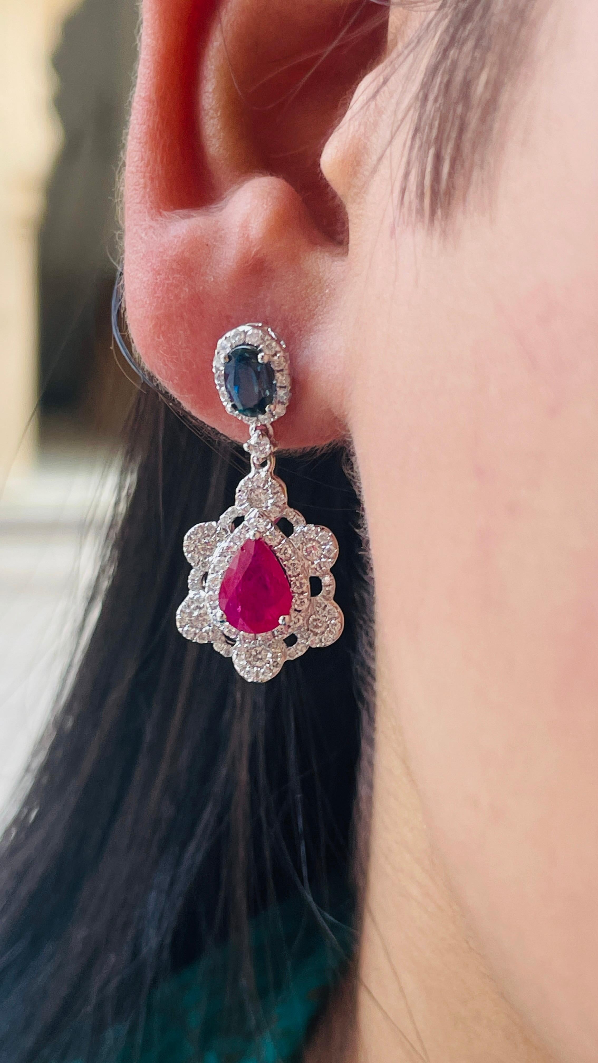 Oval Cut 3.85 Carat Blue Sapphire Ruby Dangle Earrings in 14K White Gold with Diamonds For Sale