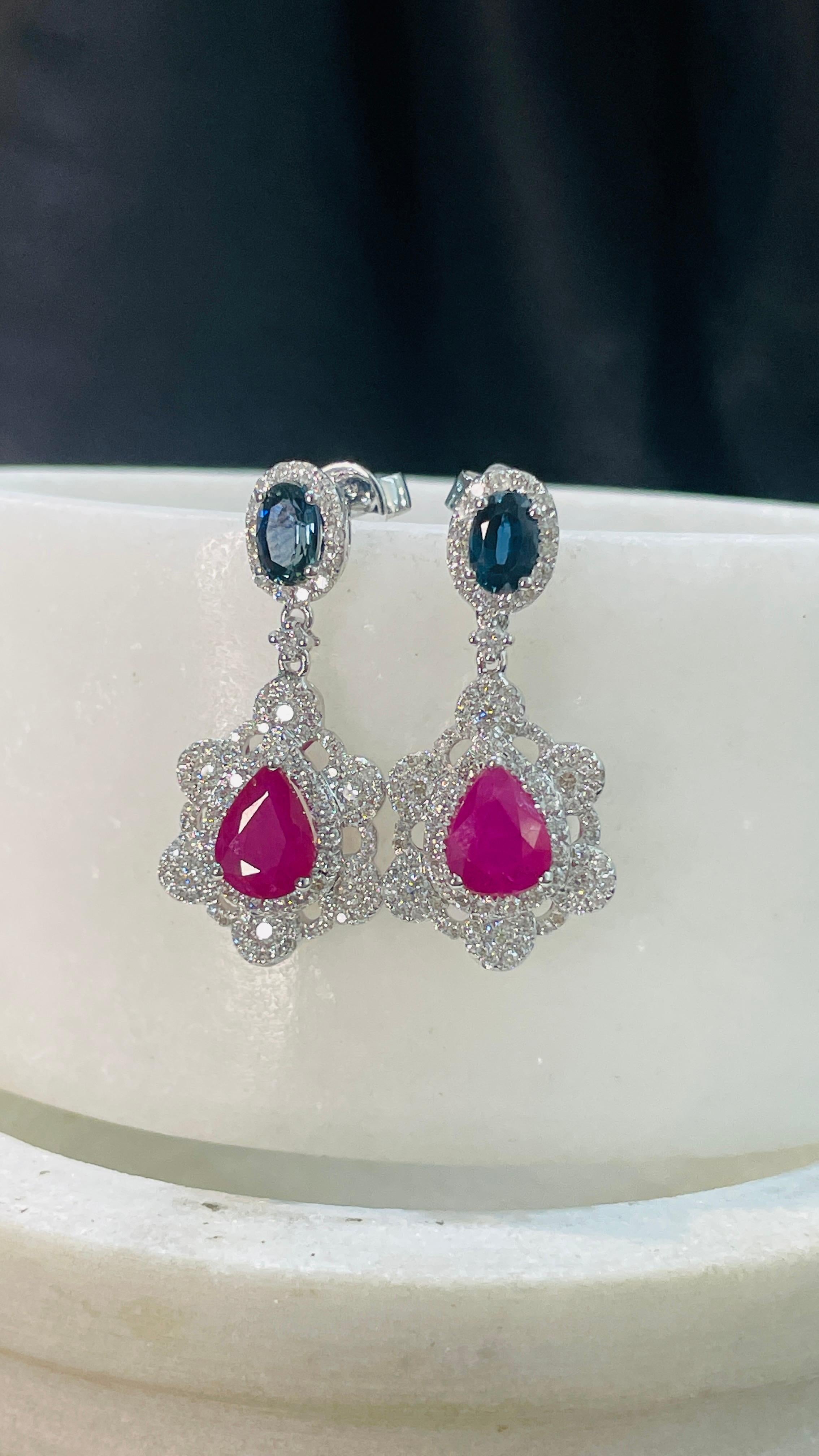 3.85 Carat Blue Sapphire Ruby Dangle Earrings in 14K White Gold with Diamonds In New Condition For Sale In Houston, TX