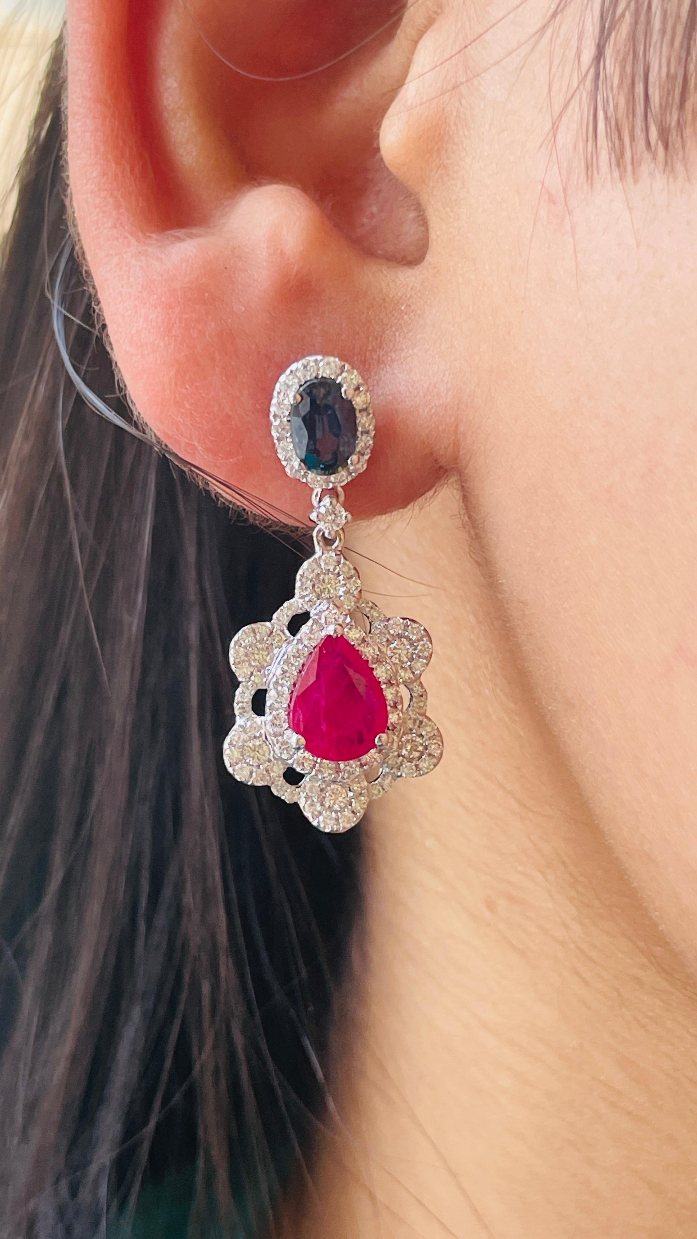 Women's 3.85 Carat Blue Sapphire Ruby Dangle Earrings in 14K White Gold with Diamonds For Sale
