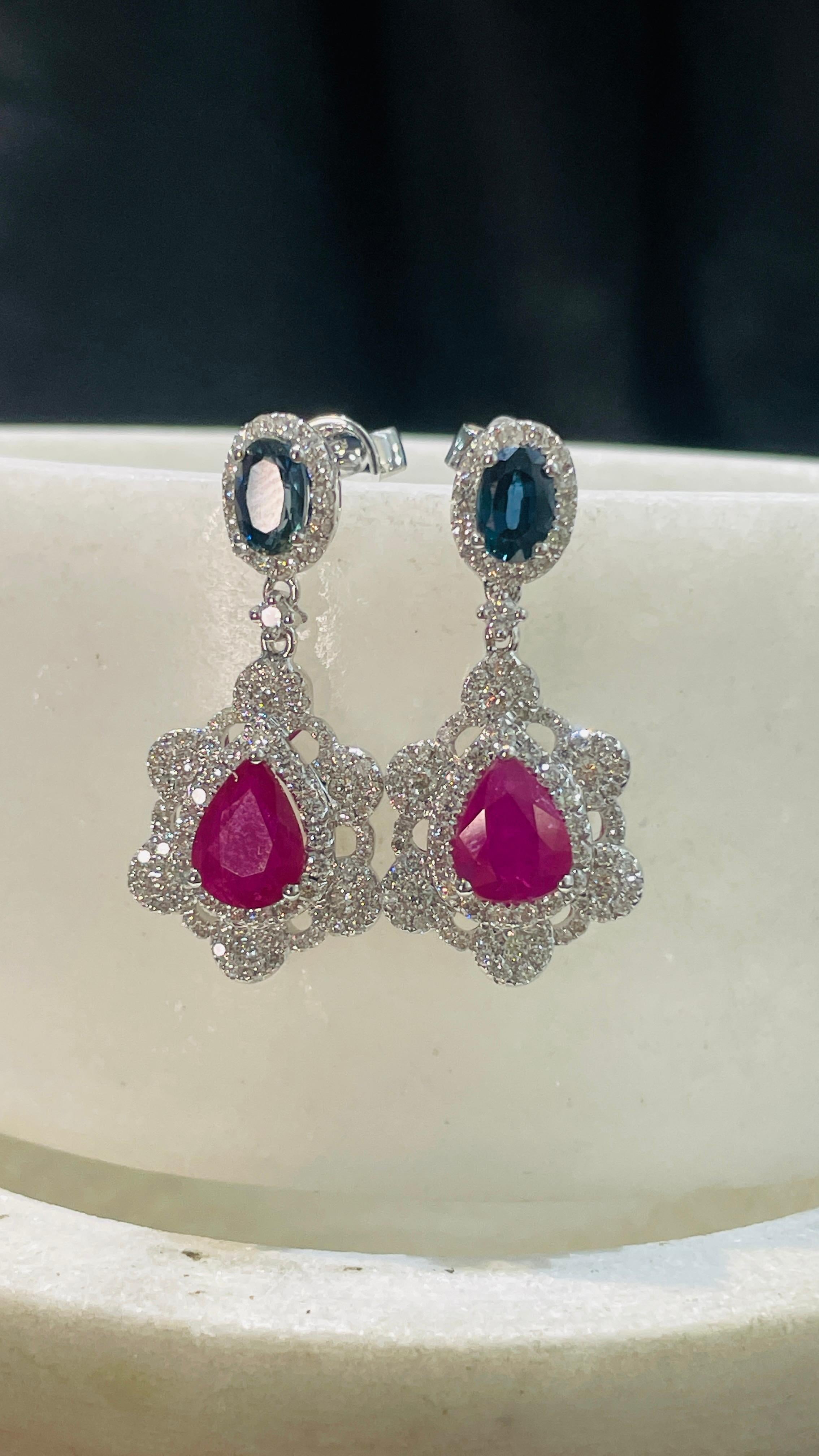 3.85 Carat Blue Sapphire Ruby Dangle Earrings in 14K White Gold with Diamonds For Sale 1