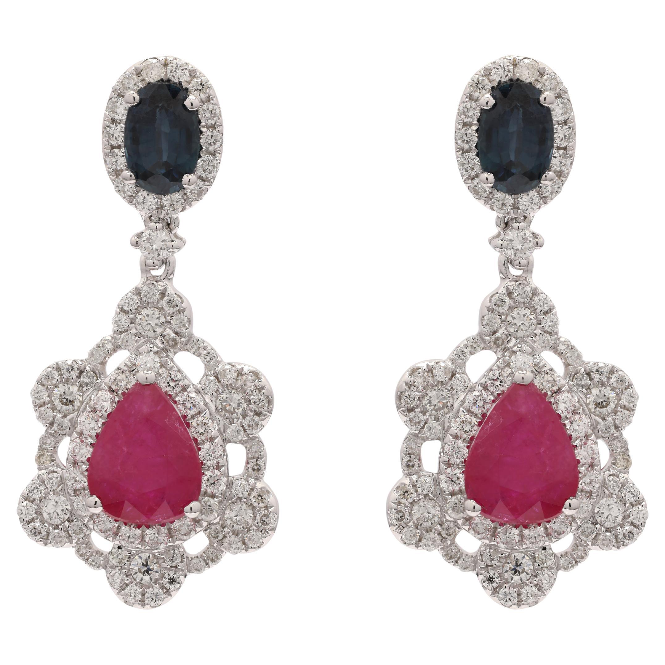 3.85 Carat Blue Sapphire Ruby Dangle Earrings in 14K White Gold with Diamonds For Sale