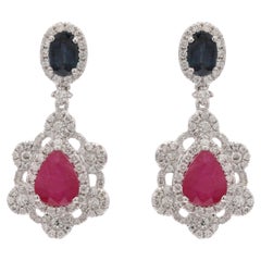 3.85 Carat Blue Sapphire Ruby Dangle Earrings in 14K White Gold with Diamonds