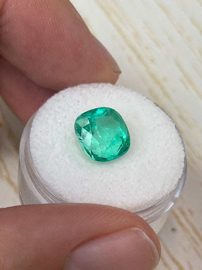 3.85 Carat Bright Yellowish Green Colombian Emerald - Muzo Cushion Cut May Gem In New Condition For Sale In Jupiter, FL