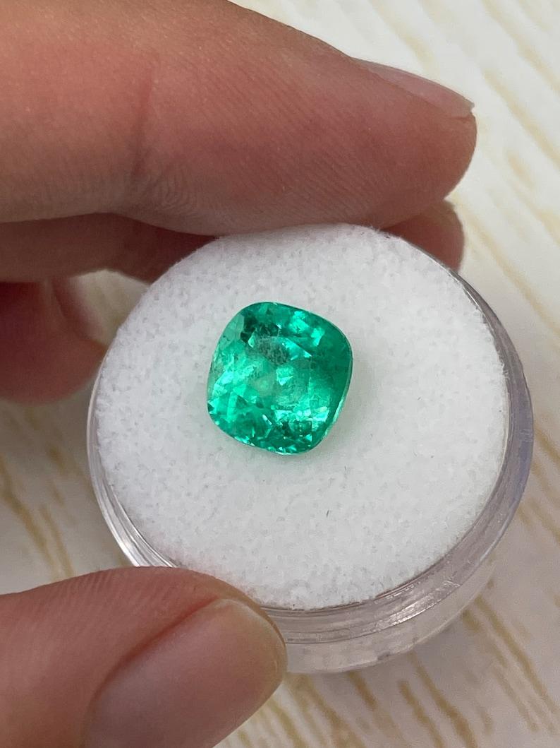 Modern 3.85 Carat Bright Yellowish Green Colombian Emerald - Muzo Cushion Cut May Gem For Sale