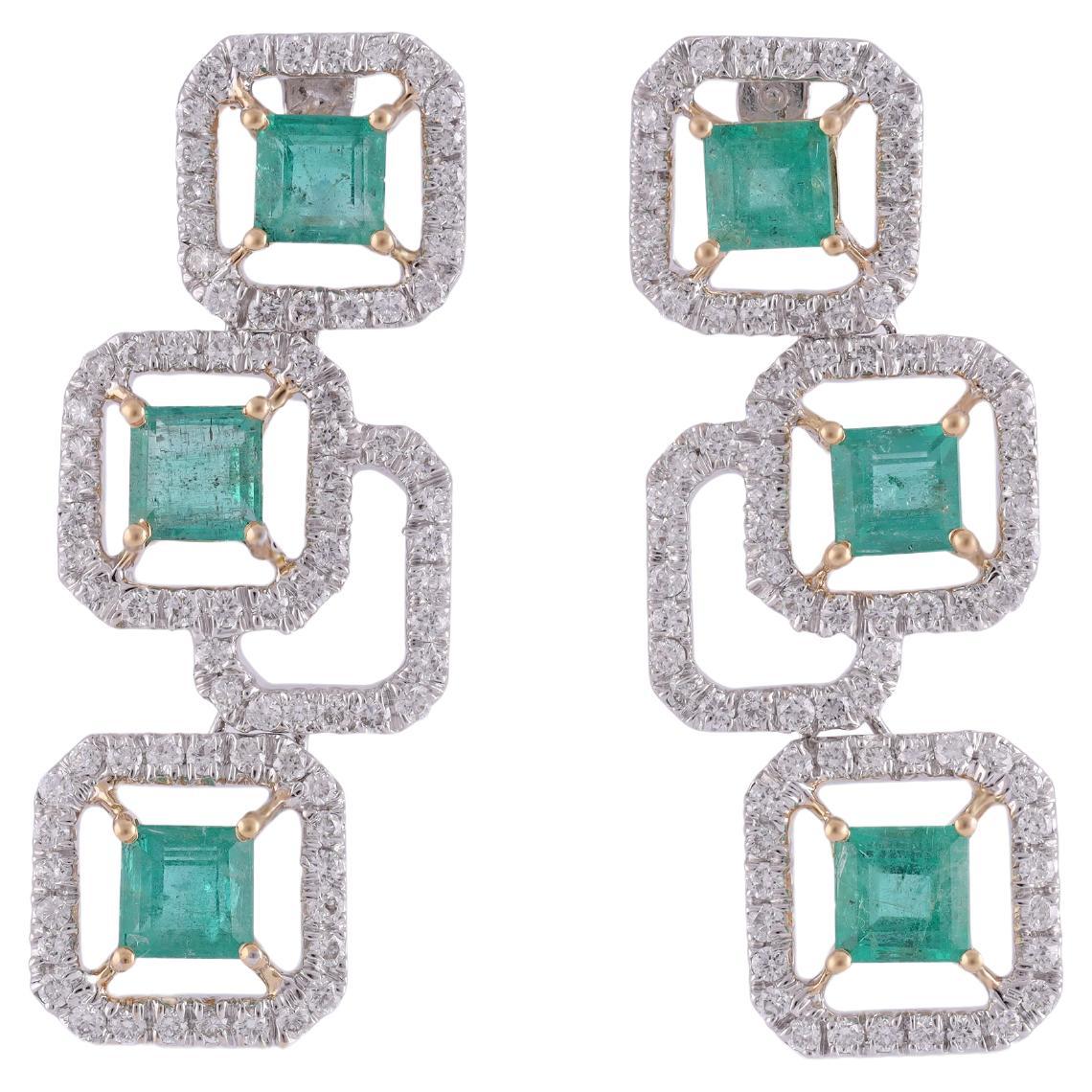 3.85 Carat Clear Zambian Emerald & Diamond Classic Earring in 18K gold For Sale