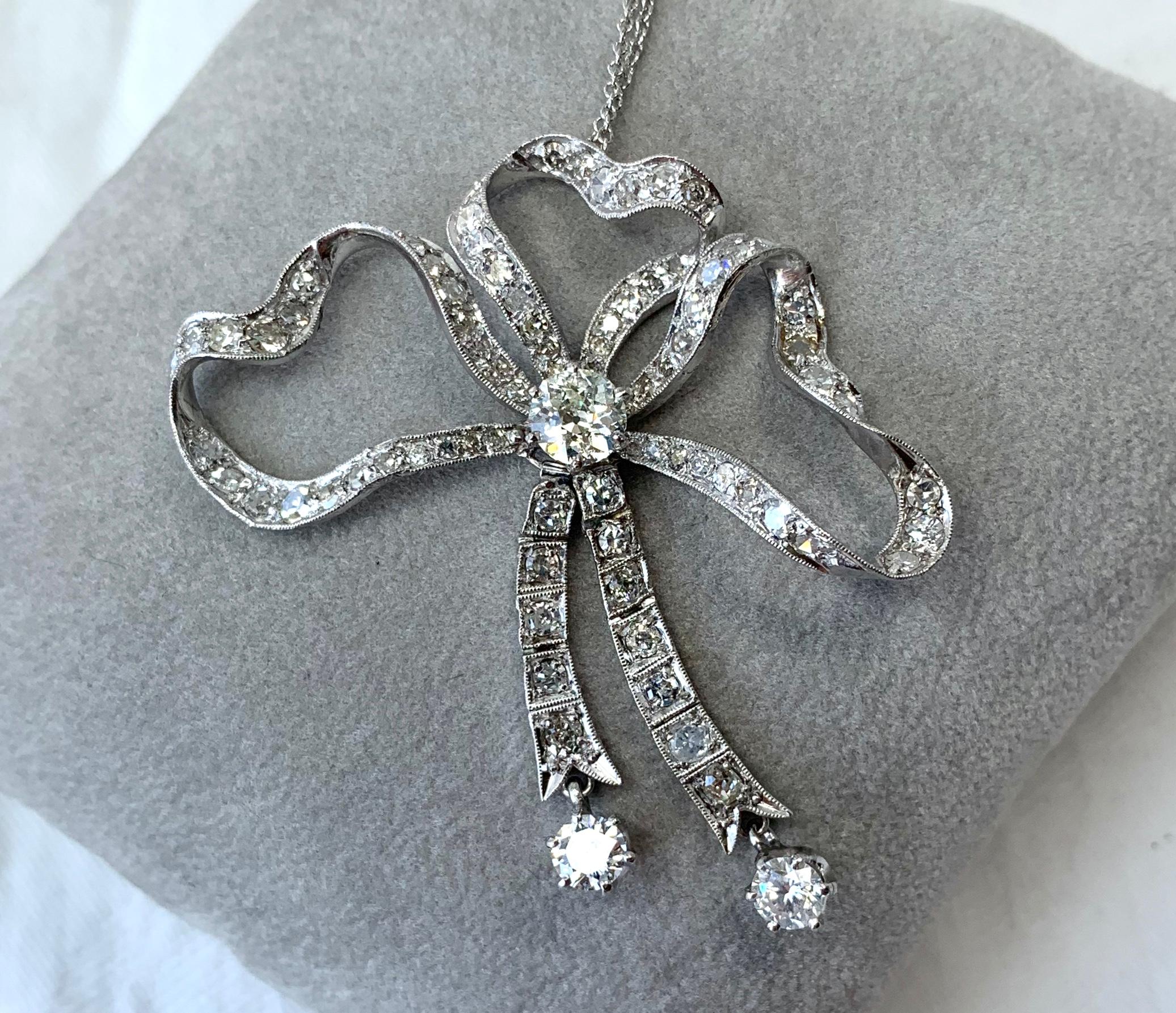 Old Mine Cut 3.85 Carat Diamond Platinum Ribbon Bow Necklace Antique Victorian Edwardian