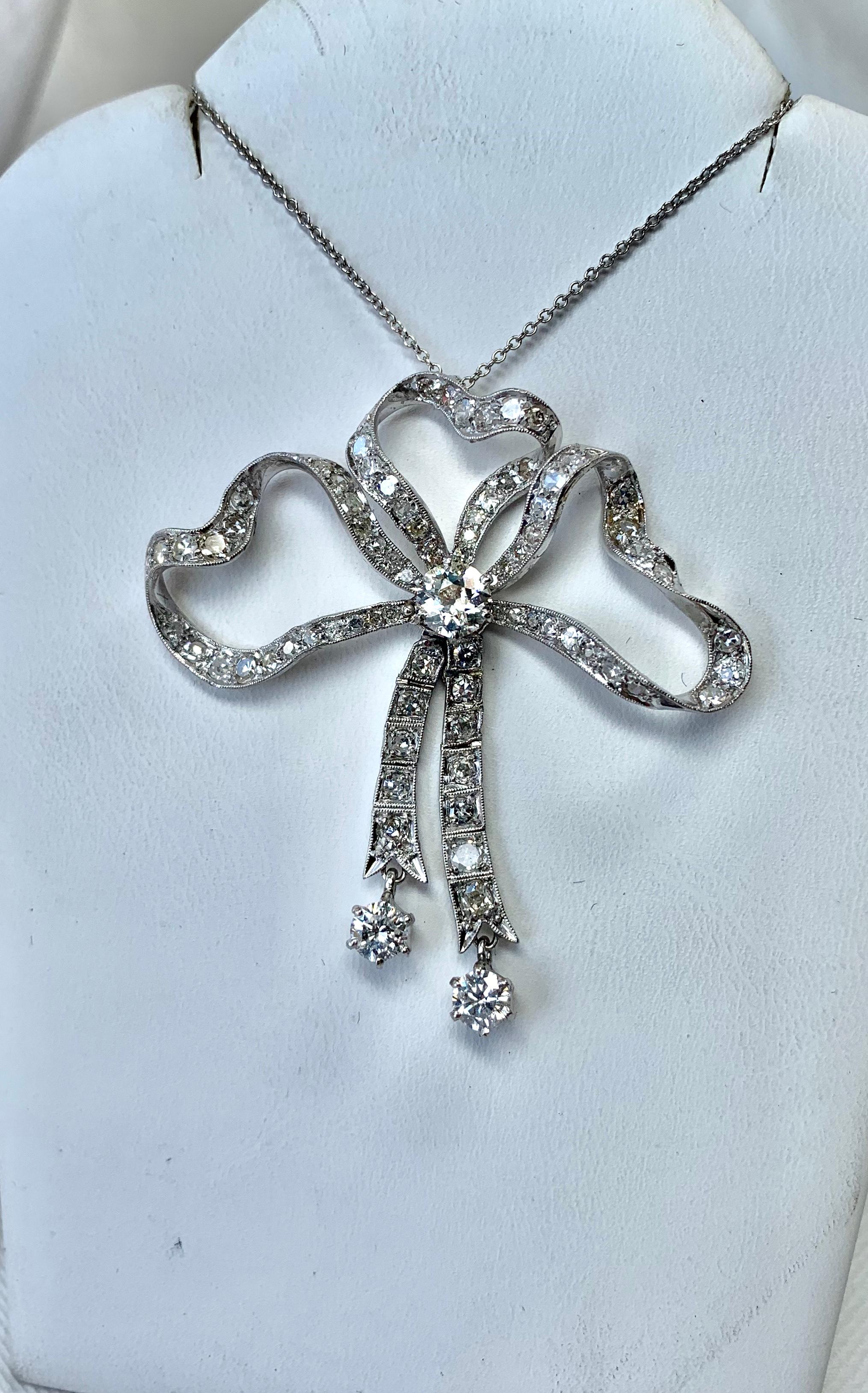 3.85 Carat Diamond Platinum Ribbon Bow Necklace Antique Victorian Edwardian In Good Condition In New York, NY