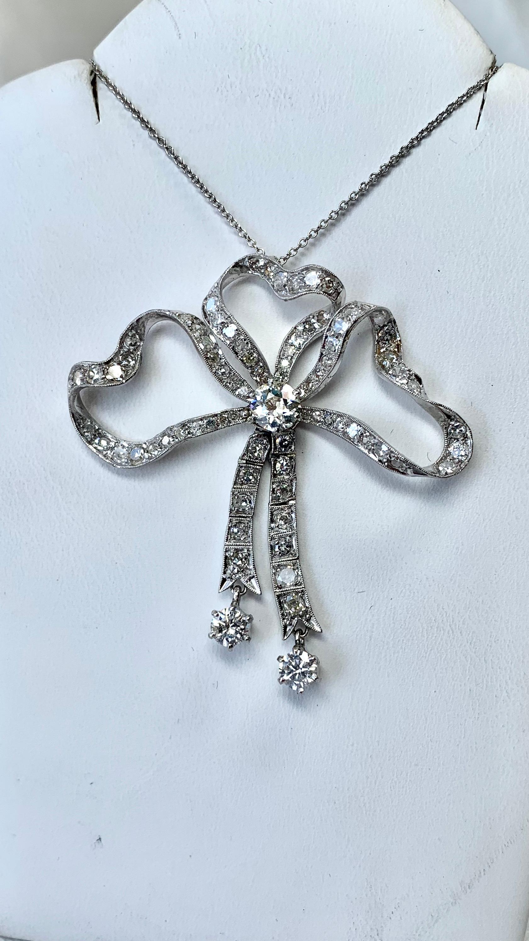 Women's 3.85 Carat Diamond Platinum Ribbon Bow Necklace Antique Victorian Edwardian