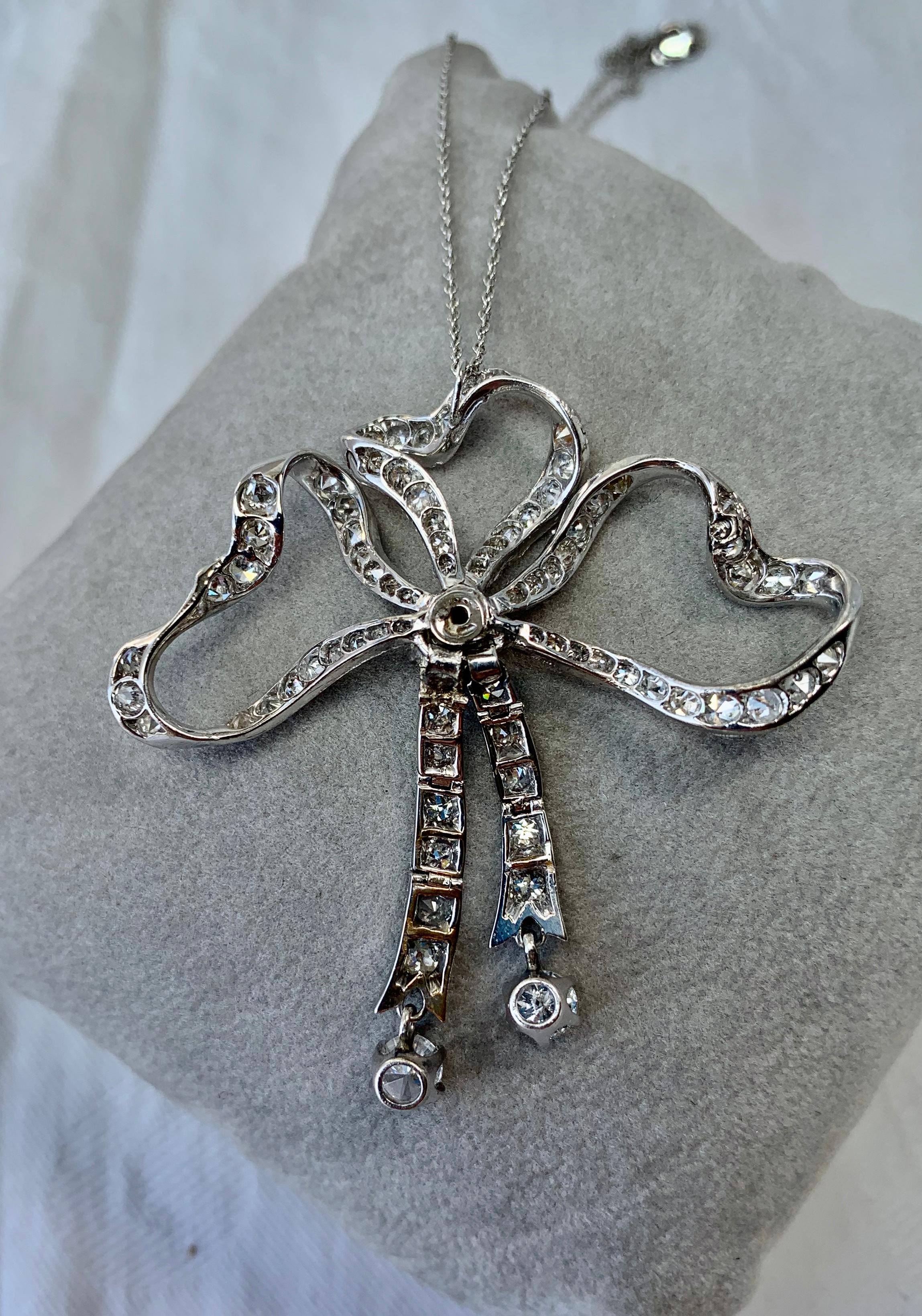 3.85 Carat Diamond Platinum Ribbon Bow Necklace Antique Victorian Edwardian 2