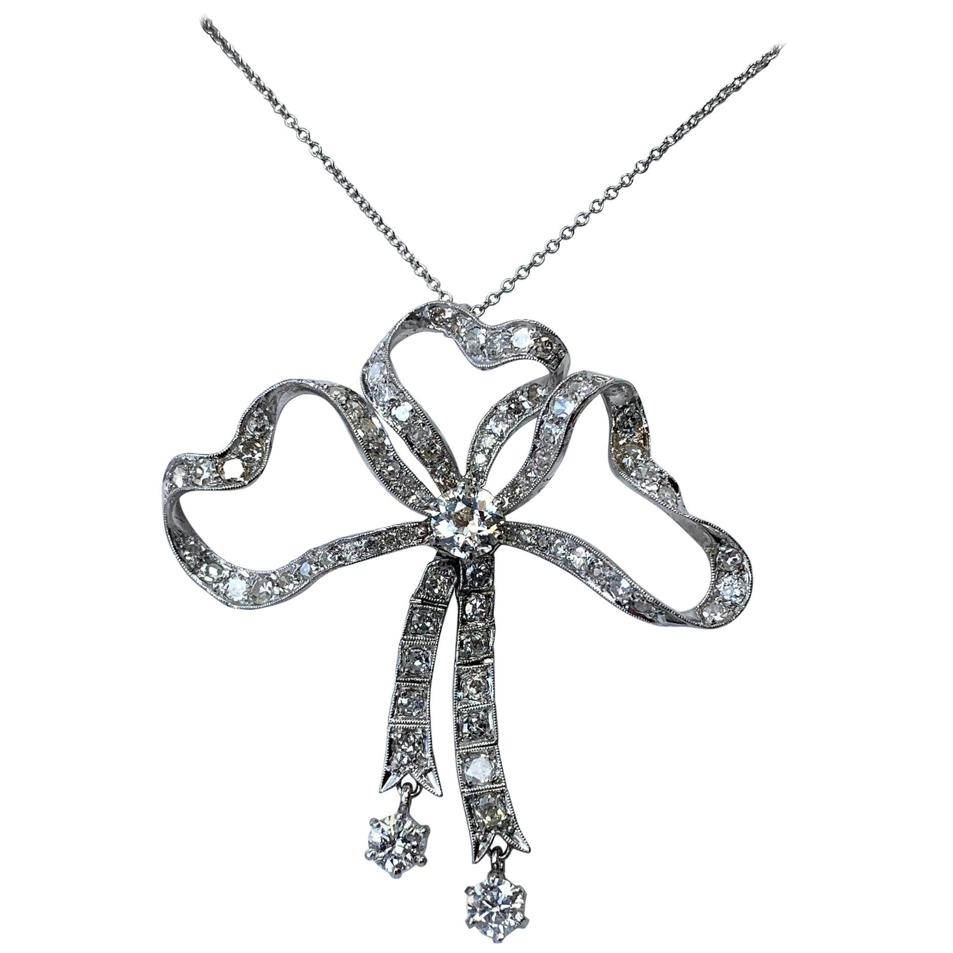 3.85 Carat Diamond Platinum Ribbon Bow Necklace Antique Victorian Edwardian