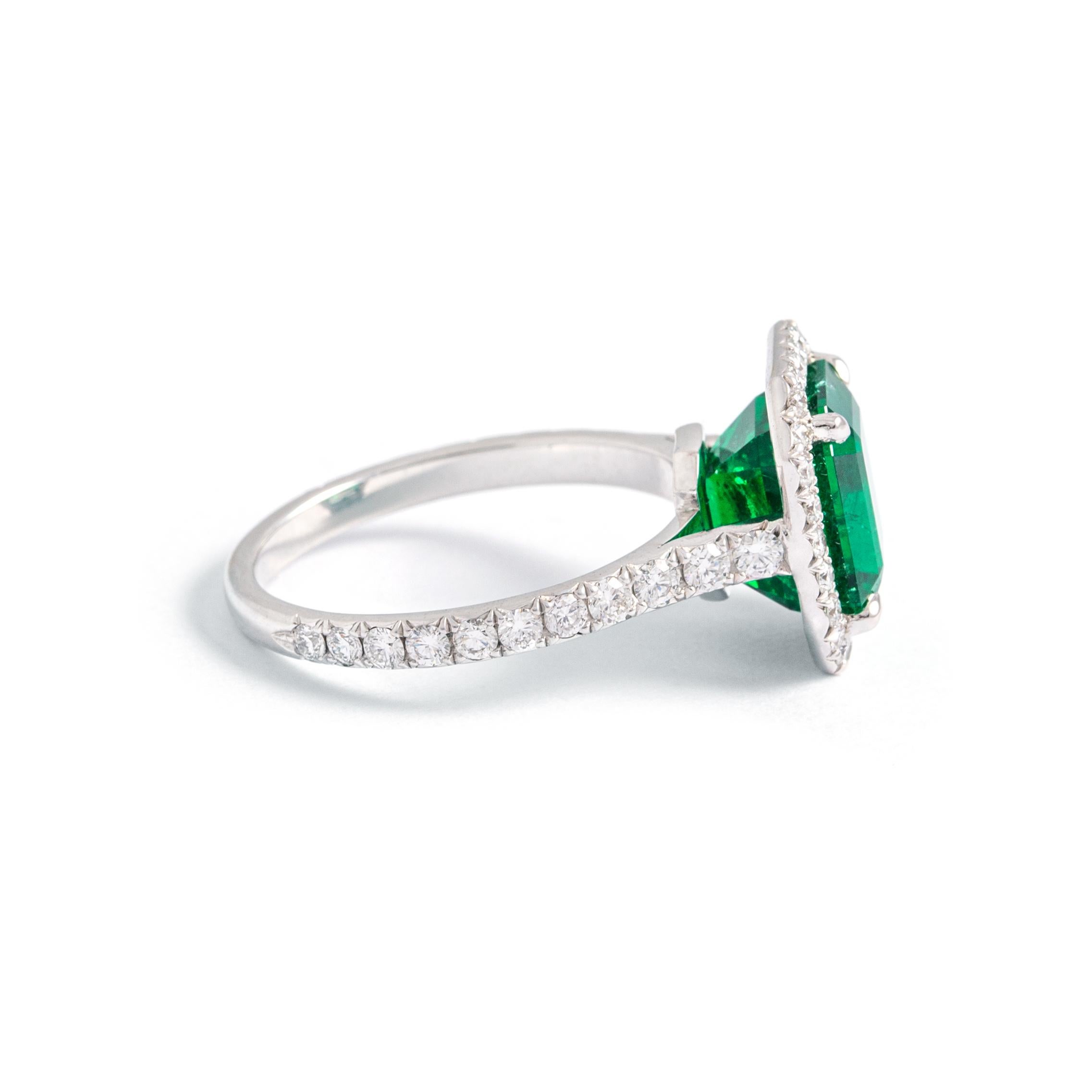 Emerald Cut 3.85 Carat Emerald and Diamond Ring For Sale