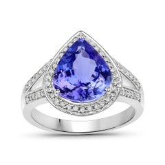 3.85 Carat Genuine Tanzanite and White Diamond 14 Karat White Gold Ring