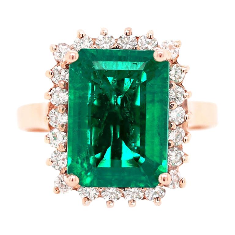 3.85 Carat Gilson Emerald Cut Emerald and Diamonds 14 Carat Rose Gold Ring