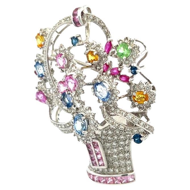 3.85 Carat Mixed Shape Sapphire 2.06 Carat Diamond 18K White Gold Pin Brooch