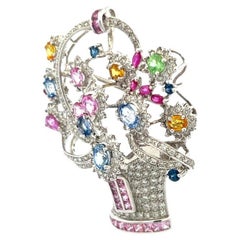 3.85 Carat Mixed Shape Sapphire 2.06 Carat Diamond 18K White Gold Pin Brooch