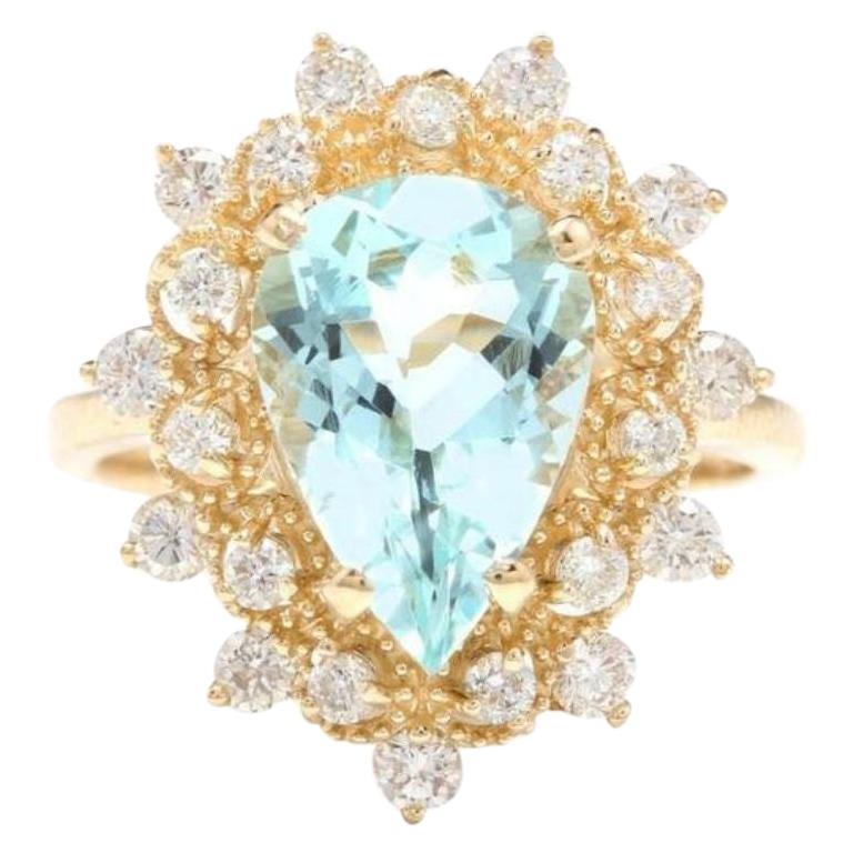 3.85 Carat Natural Gorgeous Aquamarine and Diamond 14K Solid Yellow Gold Ring For Sale