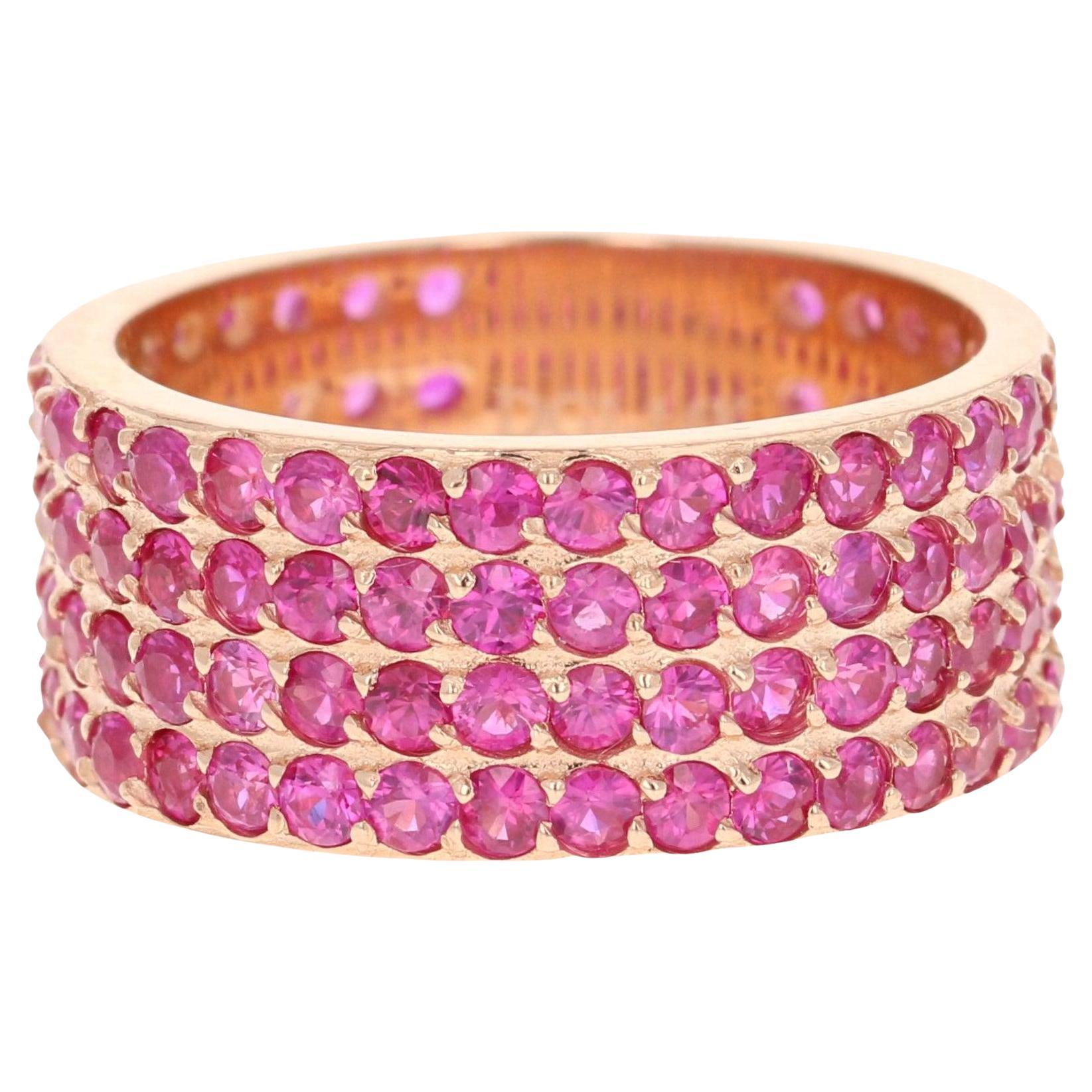 3.85 Carat Natural Hot Pink Sapphire 14 Karat Rose Gold Band Ring
