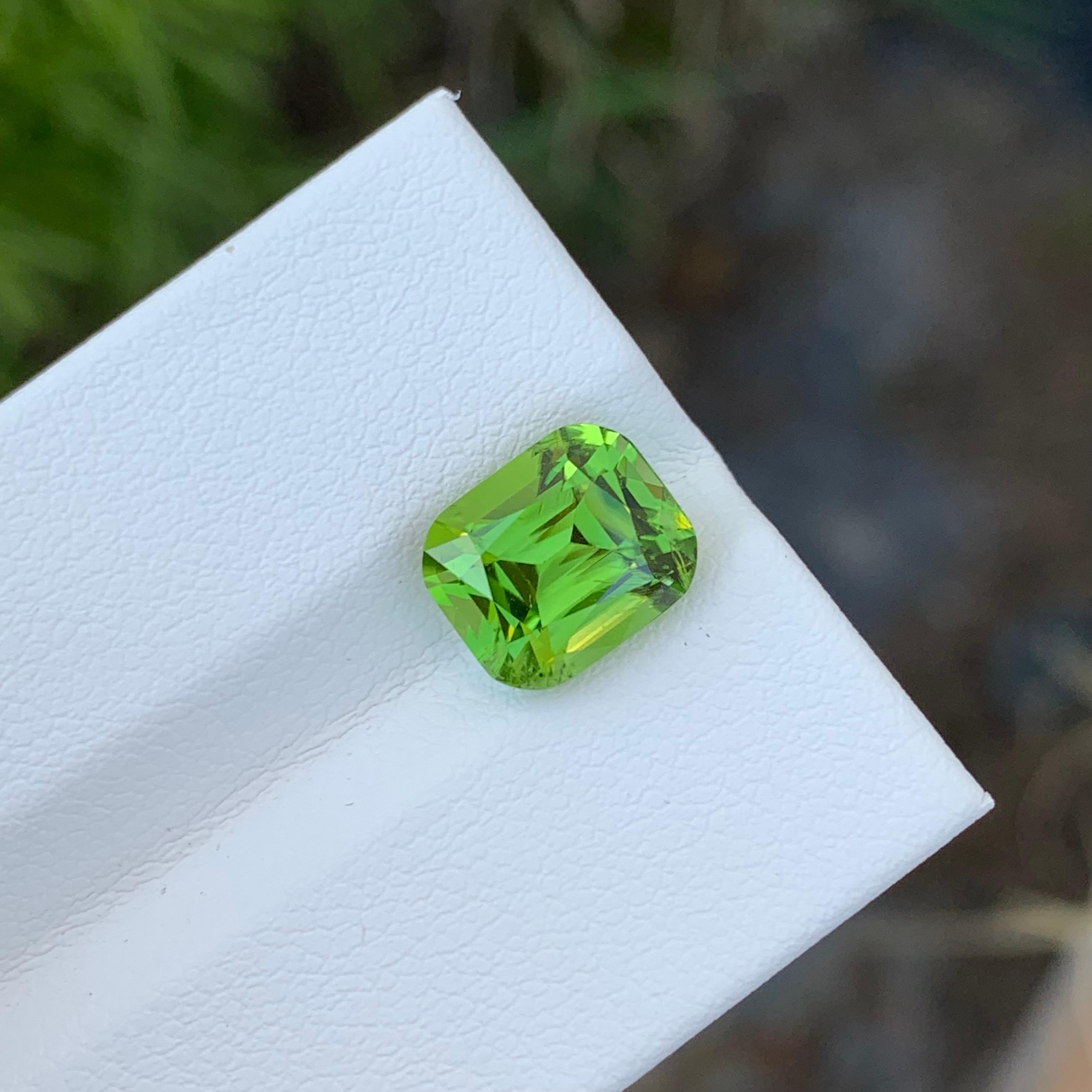 Women's or Men's 3.85 Carat Natural Loose Apple Green Peridot Cushion Shape Gem From Earth Mine  For Sale