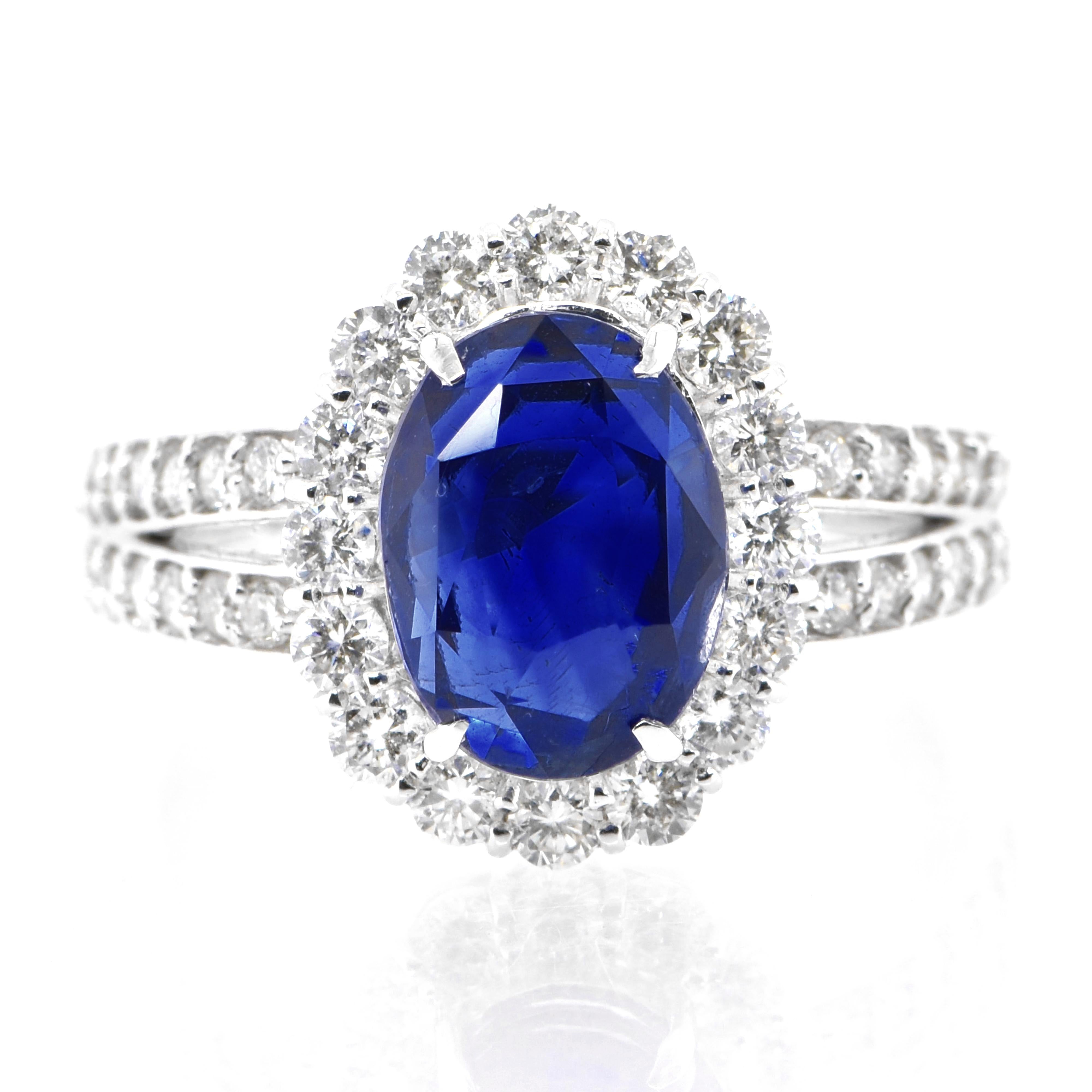A beautiful ring featuring a 3.85 Carat Natural Sapphire and 0.78 Carats Diamond Accents set in Platinum. Sapphires have extraordinary durability - they excel in hardness as well as toughness and durability making them very popular in jewelry.