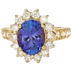 Bague en or jaune massif 14 carats avec tanzanite naturelle de 3,85 carats et diamants