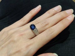 3.85 Carat Velvety Blue Sapphire Pavé Diamond Vacant Sides 18k White Gold Ring