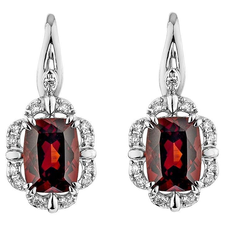  3.85 Carat Red Garnet Drop Earrings in 14Karat White Gold with White Diamond.