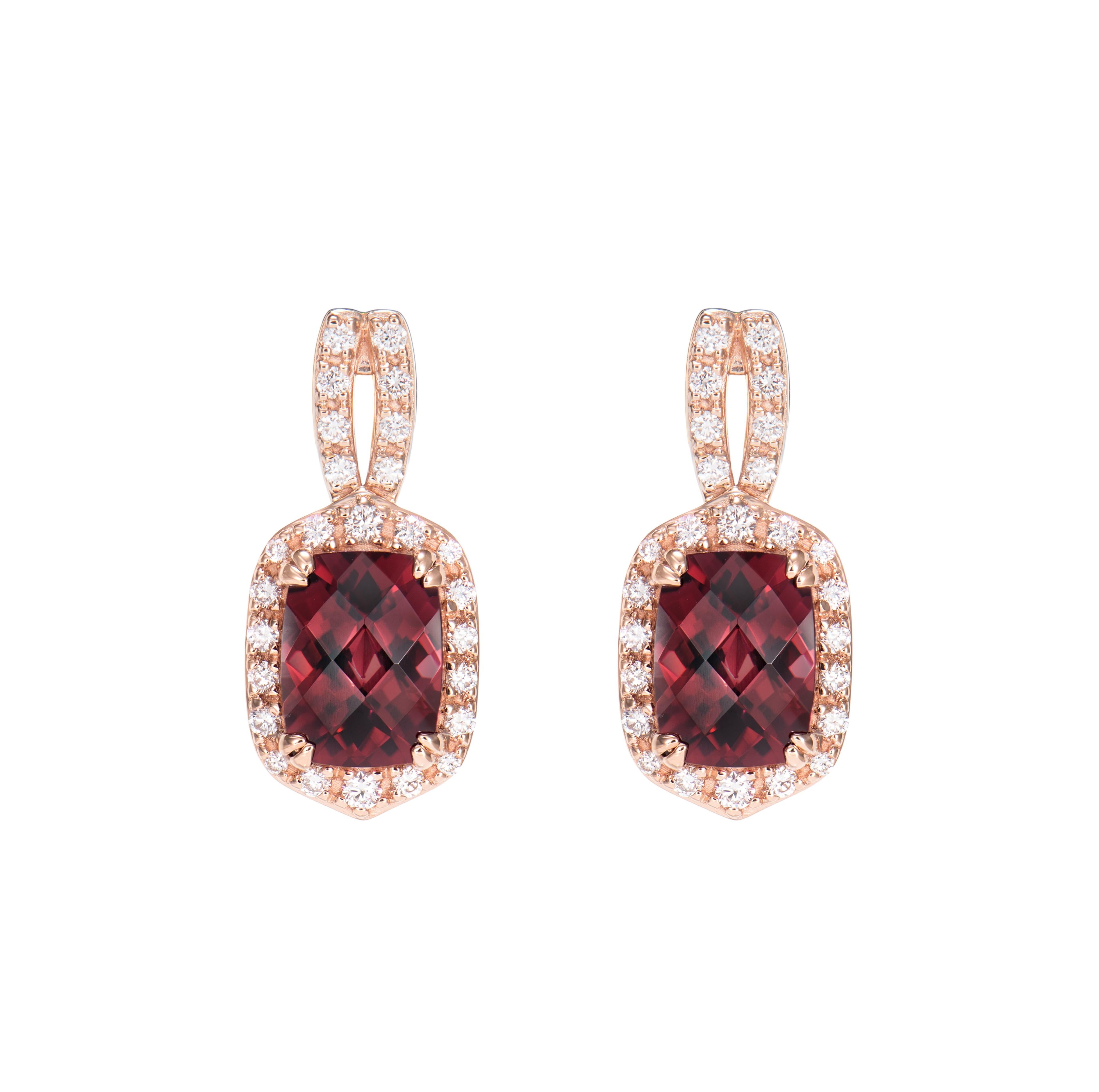 Contemporary 3.85 Carat Rhodolite Drop Earring in 18Karat Rose Gold with White Diamond. For Sale