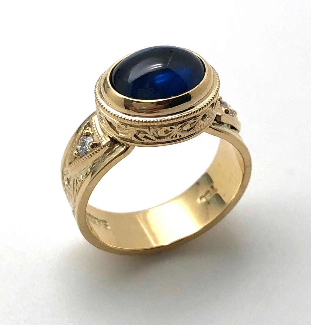 Artisan 3.85 Carat Sapphire Cabochon, Diamond Yellow Gold Bezel Handmade Engraved Ring