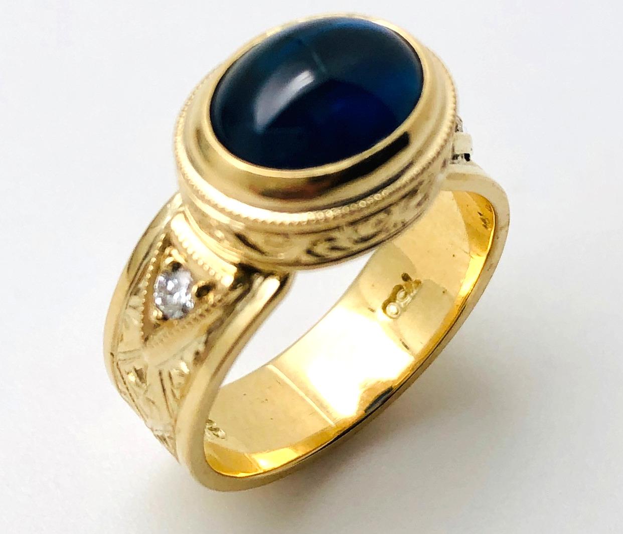 3.85 Carat Sapphire Cabochon, Diamond Yellow Gold Bezel Handmade Engraved Ring 1
