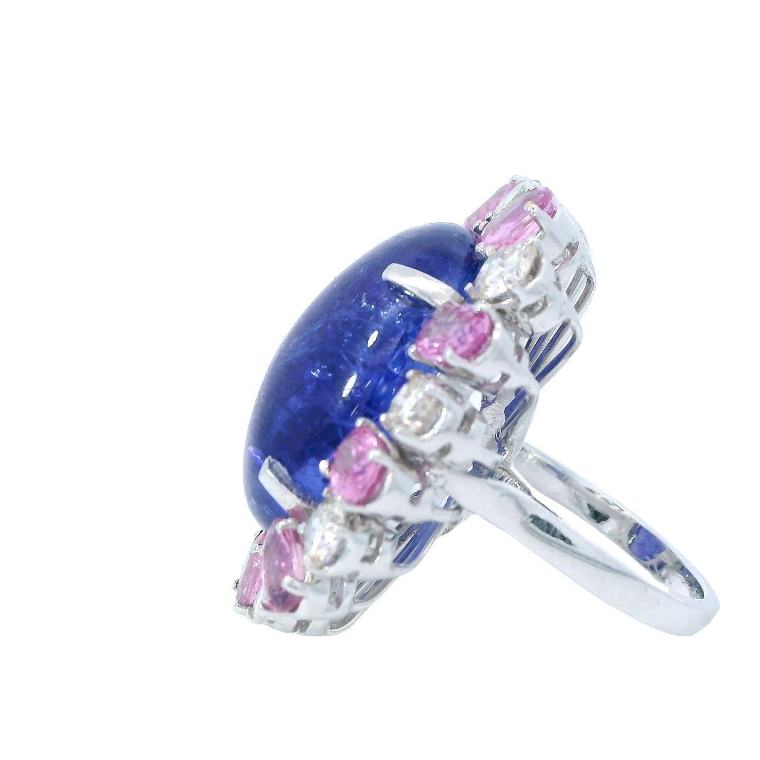 Edwardian 38.5 Carat Tanzanite, 5.2 Carat Pink Sapphire, 2.94 Carat Diamond 18K Gold Ring For Sale